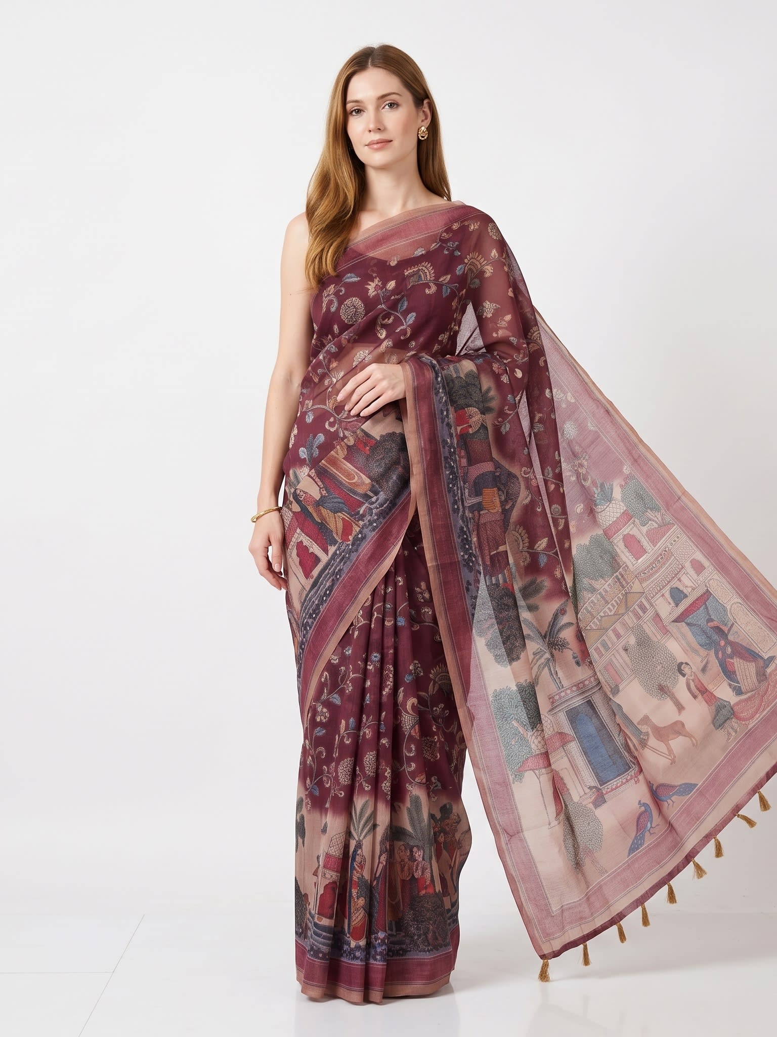 Royal Wine Chanderi Cotton Heritage Scenic Print Saree with Tassels - Image 1