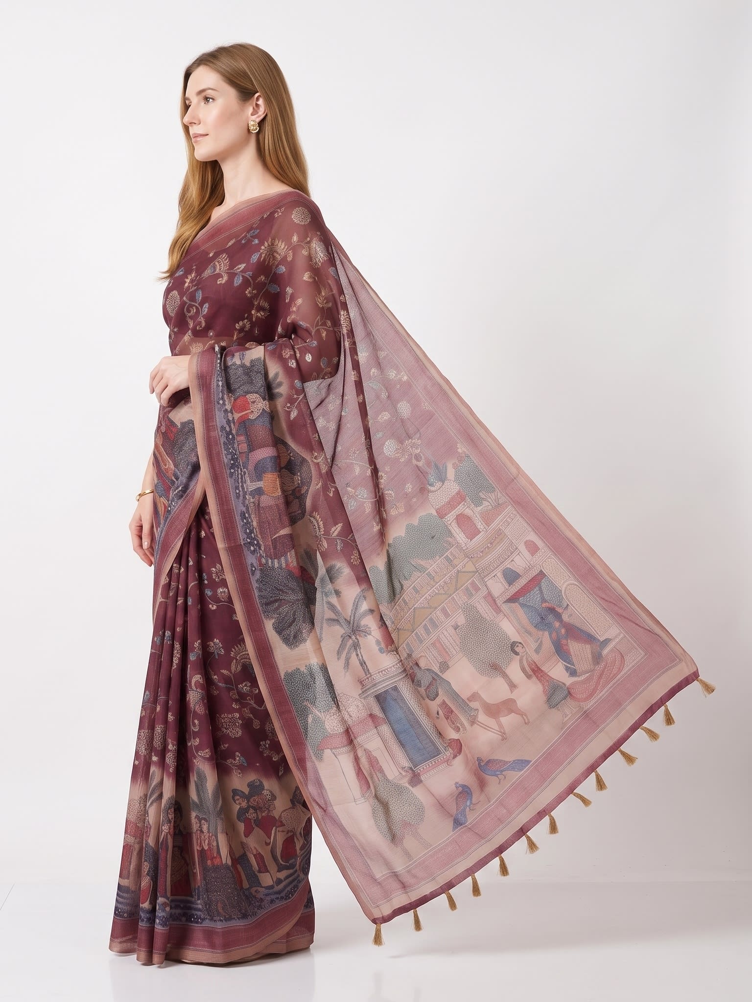 Royal Wine Chanderi Cotton Heritage Scenic Print Saree with Tassels - Image 3