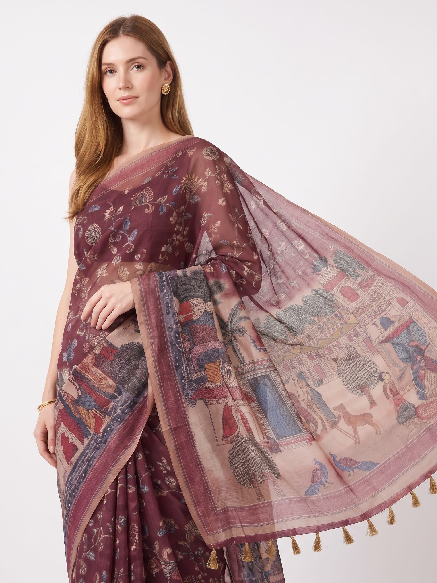 Royal Wine Chanderi Cotton Heritage Scenic Print Saree with Tassels - Image 2