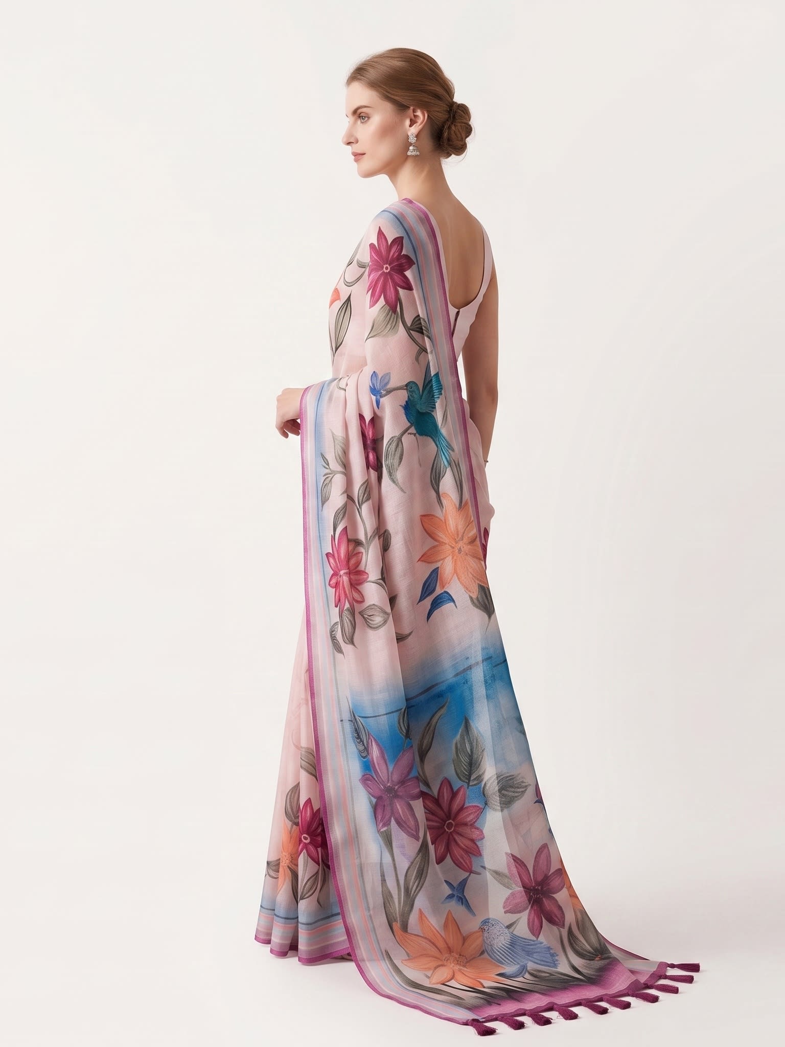 Blush Bloom Cotton Linen Floral Print Saree with Tassels - Image 4