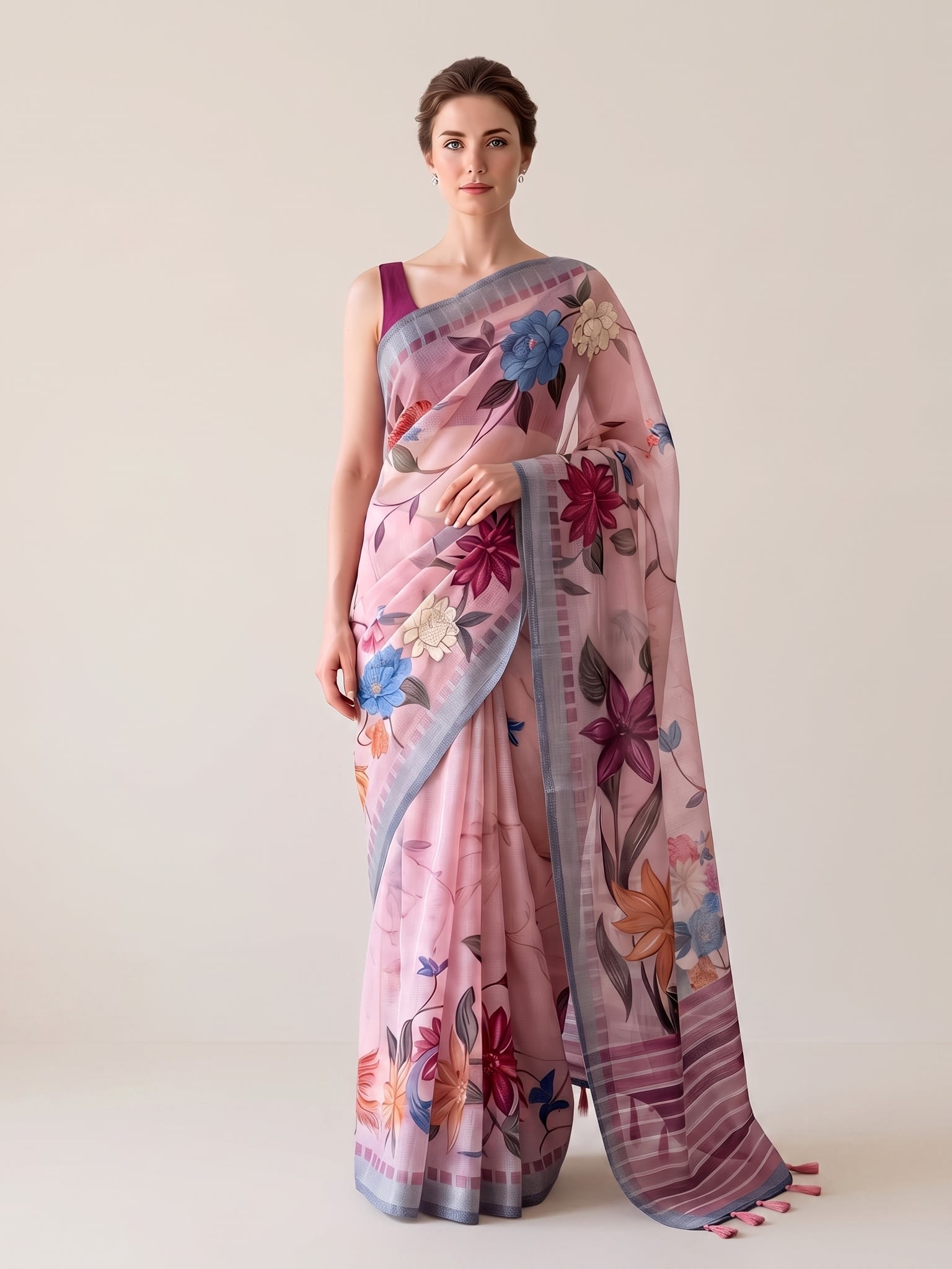 Blush Blossom Cotton Linen Floral Print Saree with Tassels - Image 1