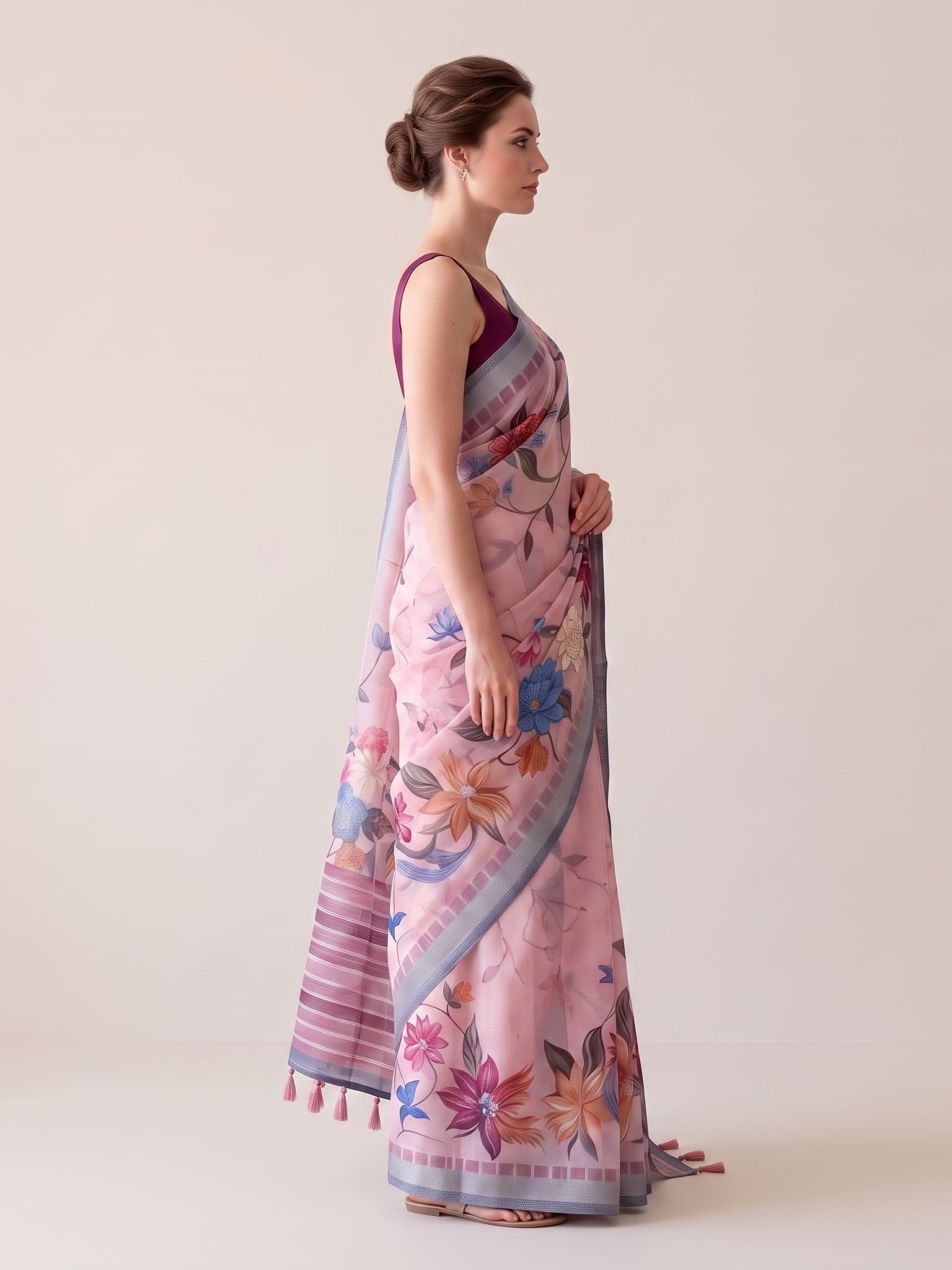 Blush Blossom Cotton Linen Floral Print Saree with Tassels - Image 4