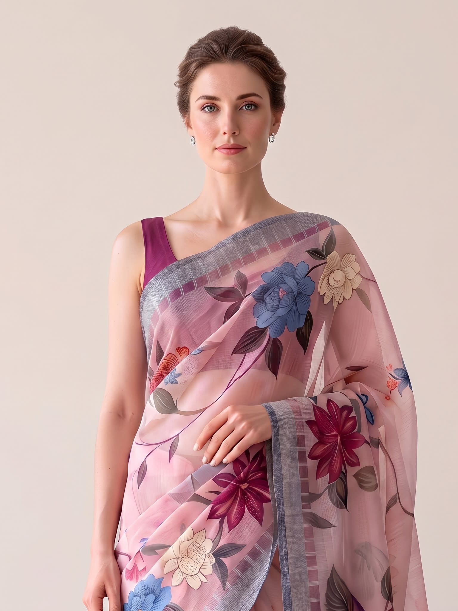 Blush Blossom Cotton Linen Floral Print Saree with Tassels - Image 2