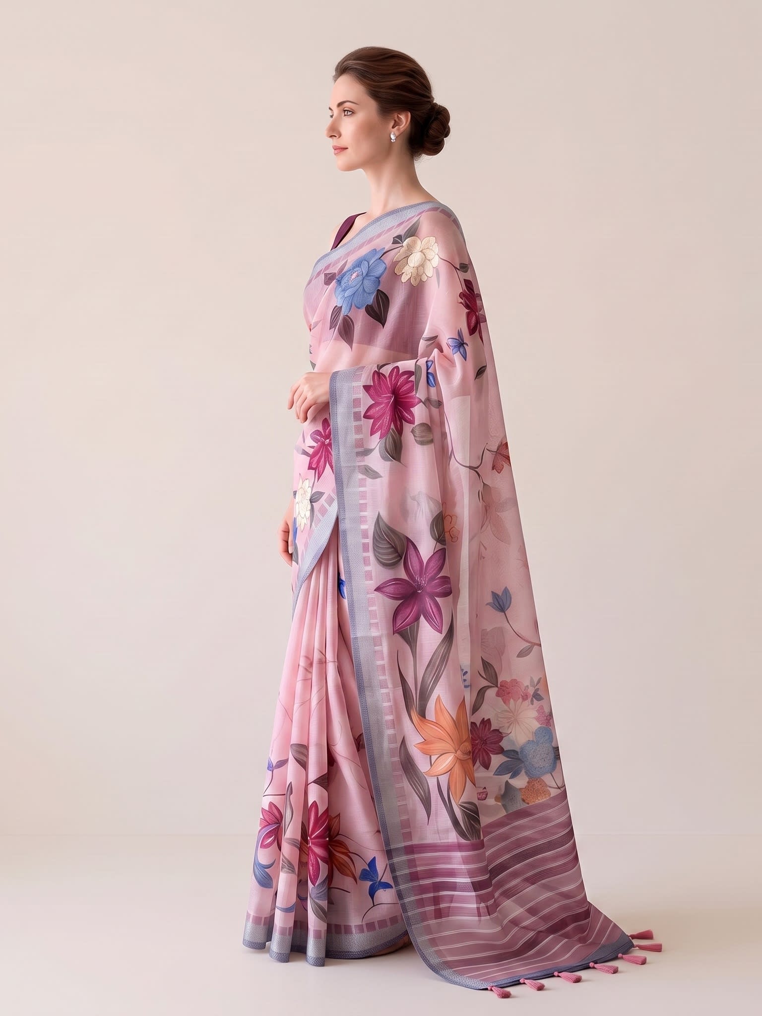 Blush Blossom Cotton Linen Floral Print Saree with Tassels - Image 3