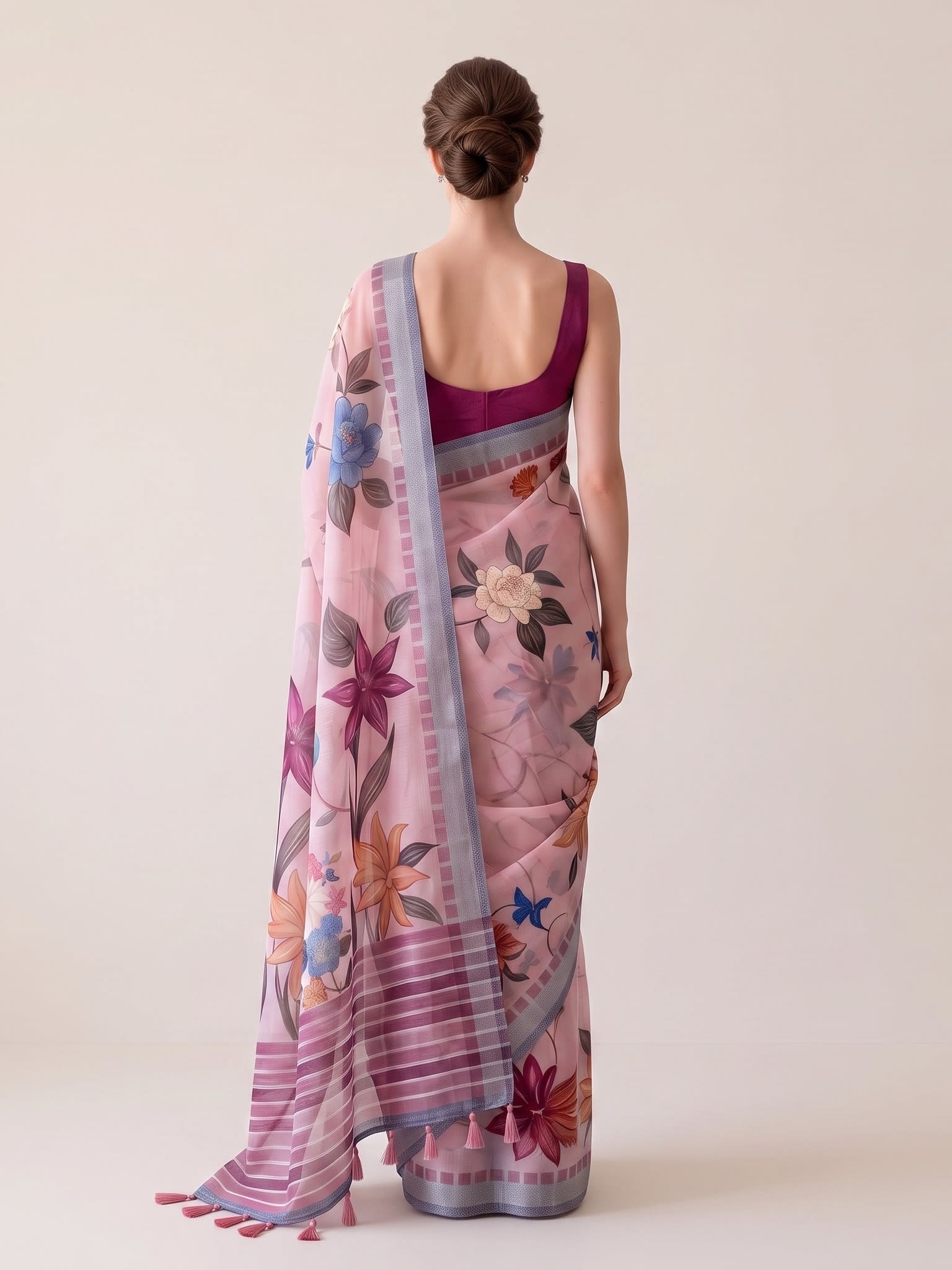 Blush Blossom Cotton Linen Floral Print Saree with Tassels - Image 5