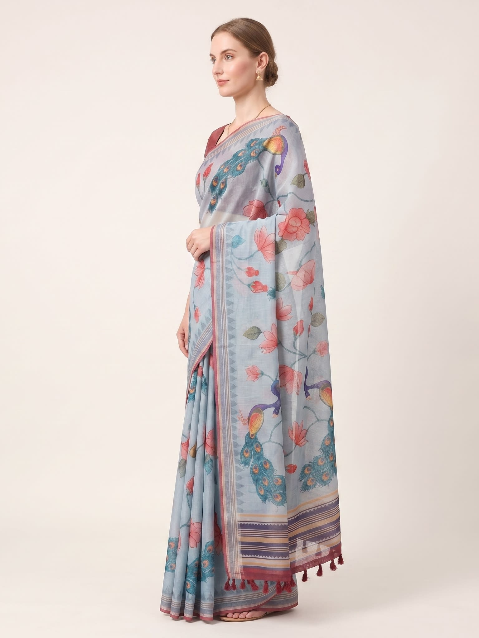 Sky Bloom Cotton Linen Peacock & Floral Print Saree with Tassels - Image 3