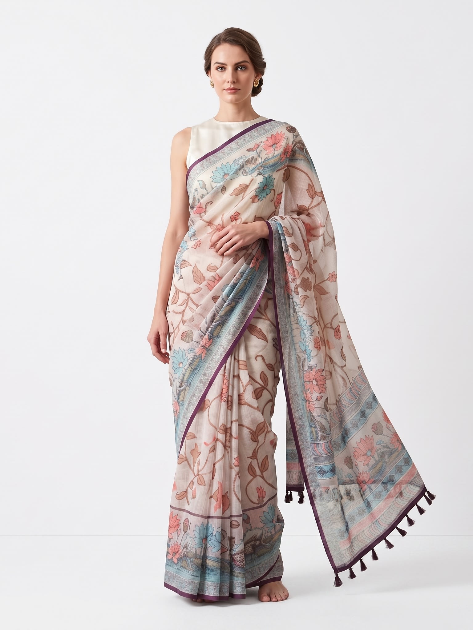 Ivory Bloom Cotton Linen Floral Print Saree with Tassels - Image 1