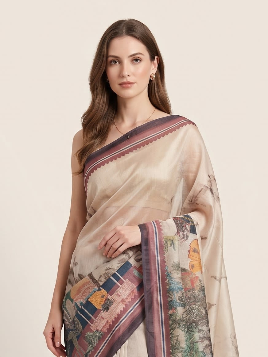 Imperial Garden Chanderi Cotton Palace Print Saree with Tassels - Image 2