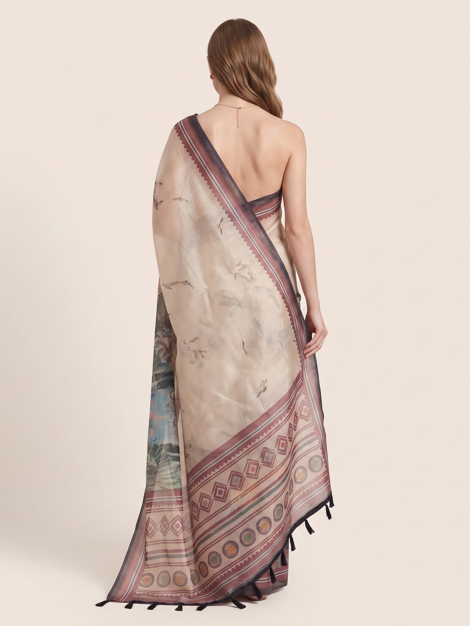 Imperial Garden Chanderi Cotton Palace Print Saree with Tassels - Image 4
