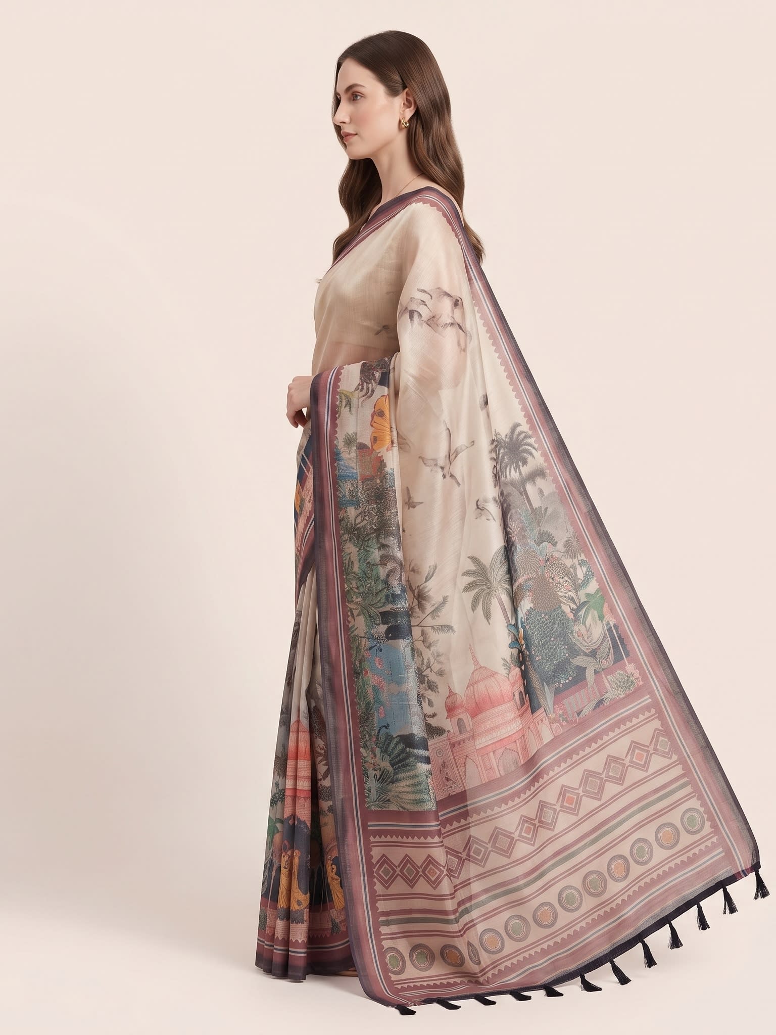 Imperial Garden Chanderi Cotton Palace Print Saree with Tassels - Image 3
