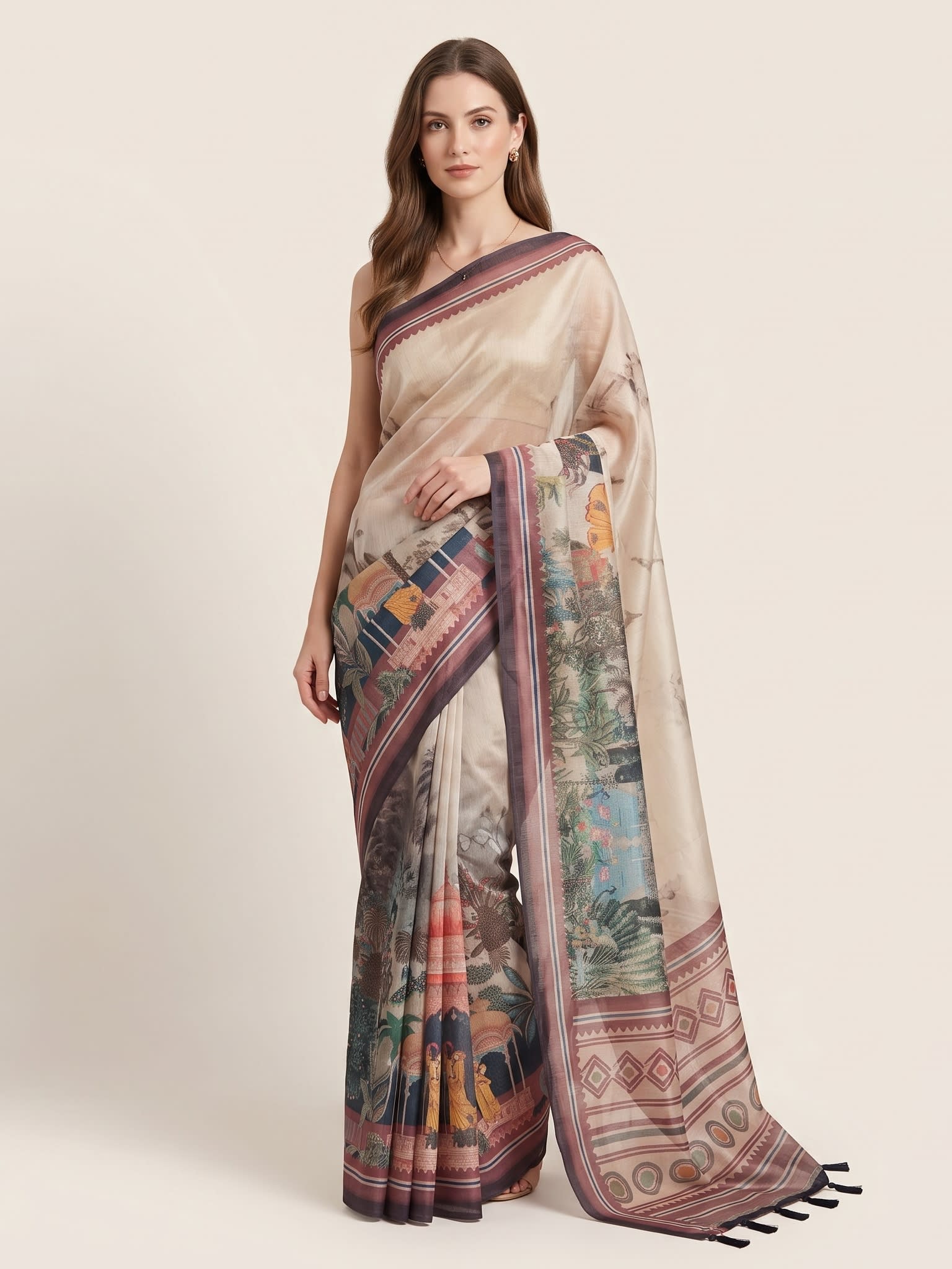 Imperial Garden Chanderi Cotton Palace Print Saree with Tassels - Image 1
