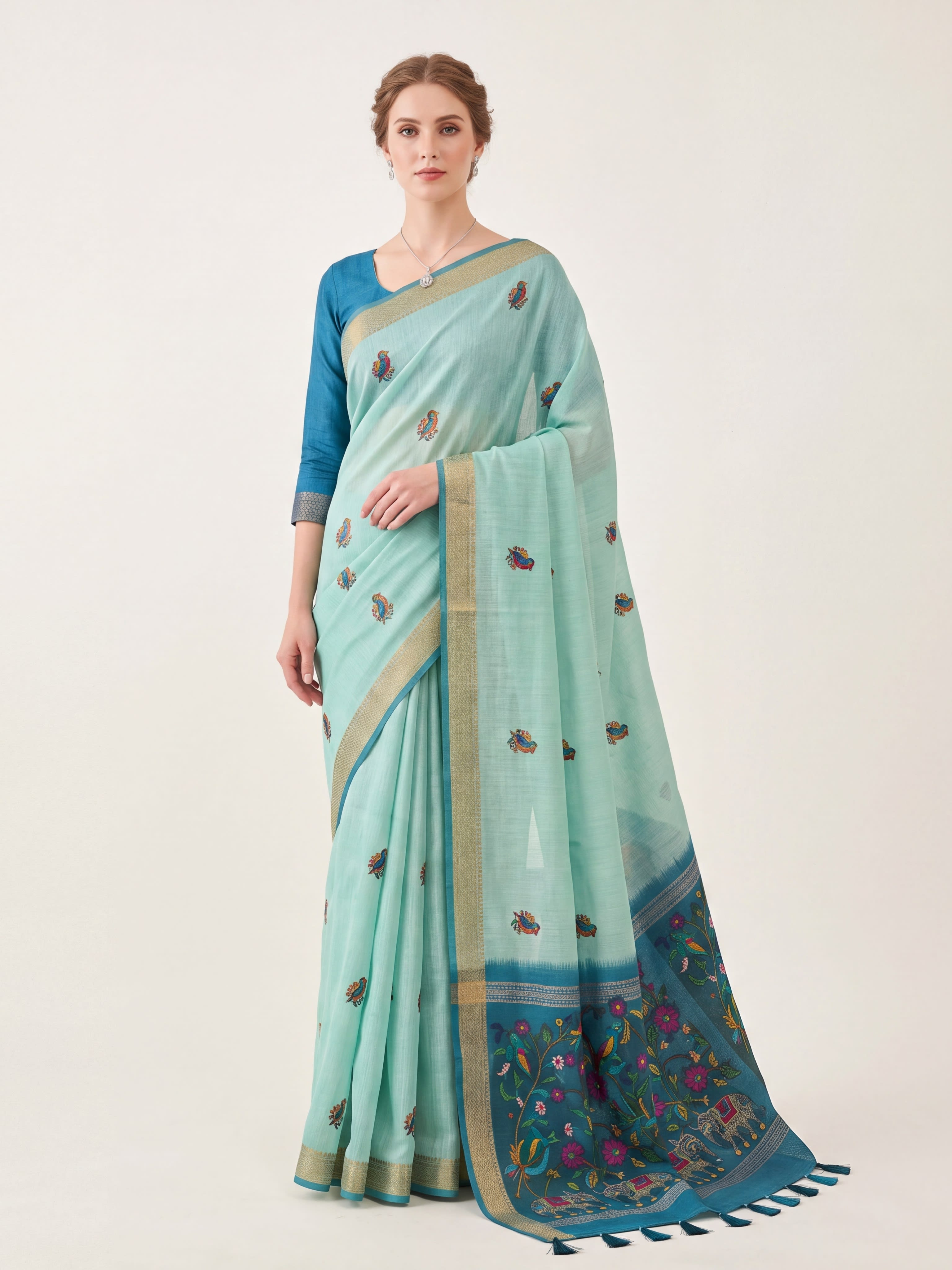 Aqua Blue Floral Garden Jamdani Cotton Saree