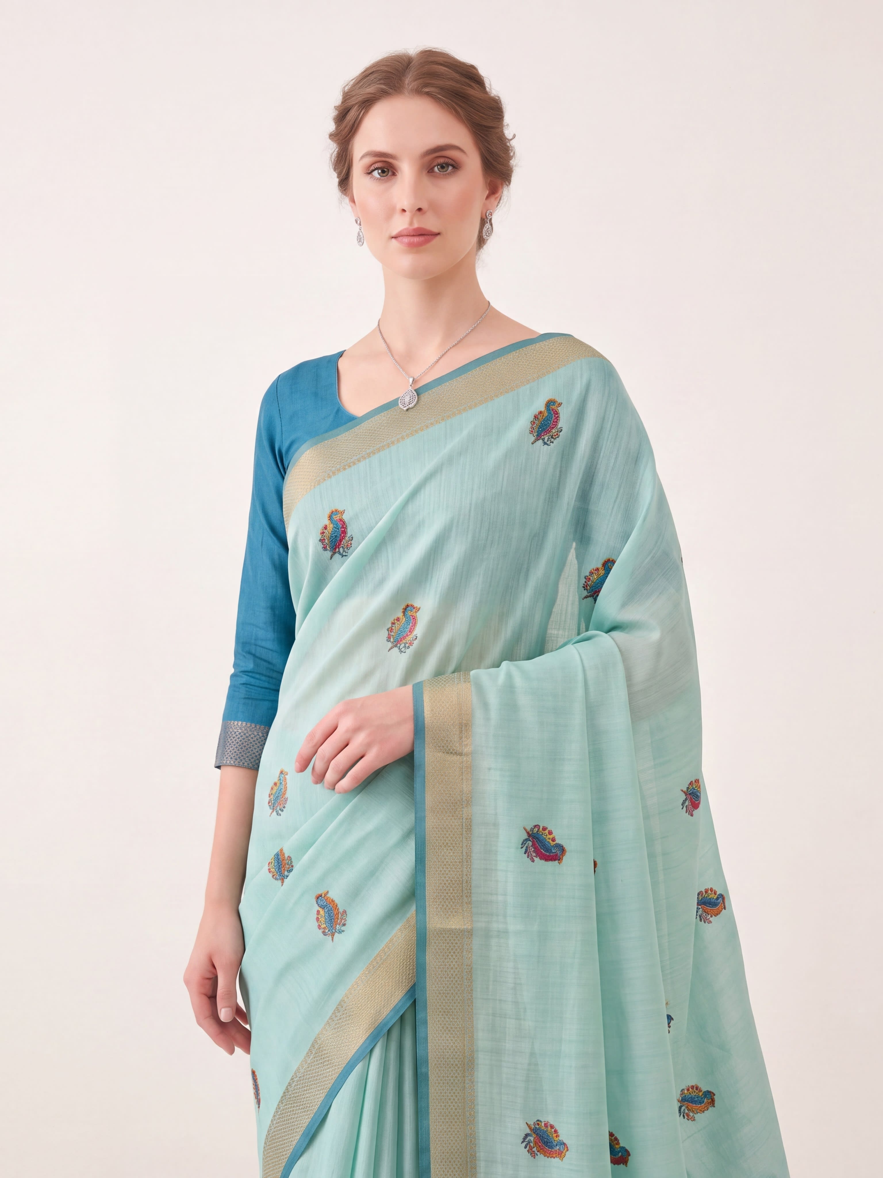 Aqua Blue Floral Garden Jamdani Cotton Saree