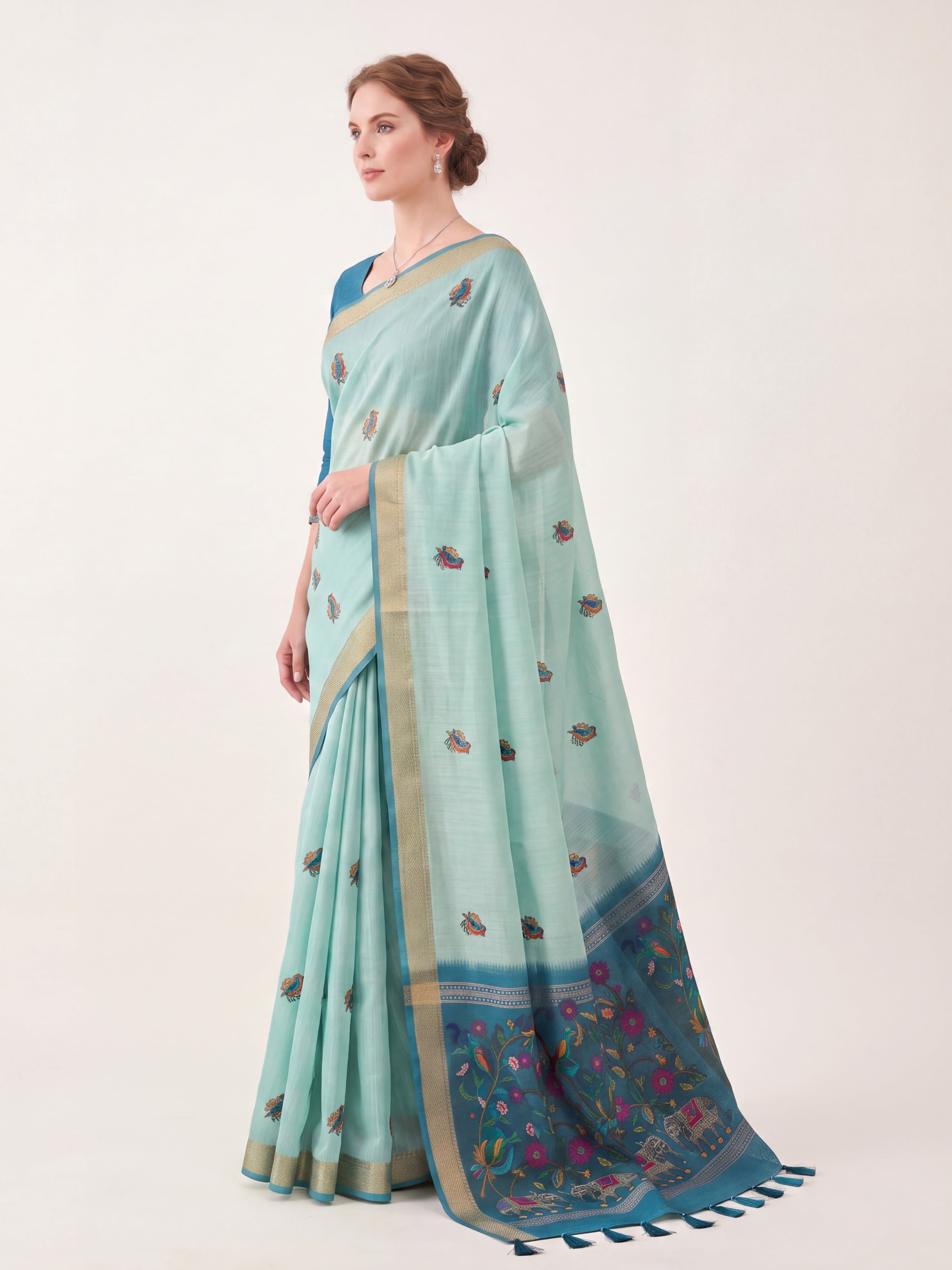 Aqua Blue Floral Garden Jamdani Cotton Saree