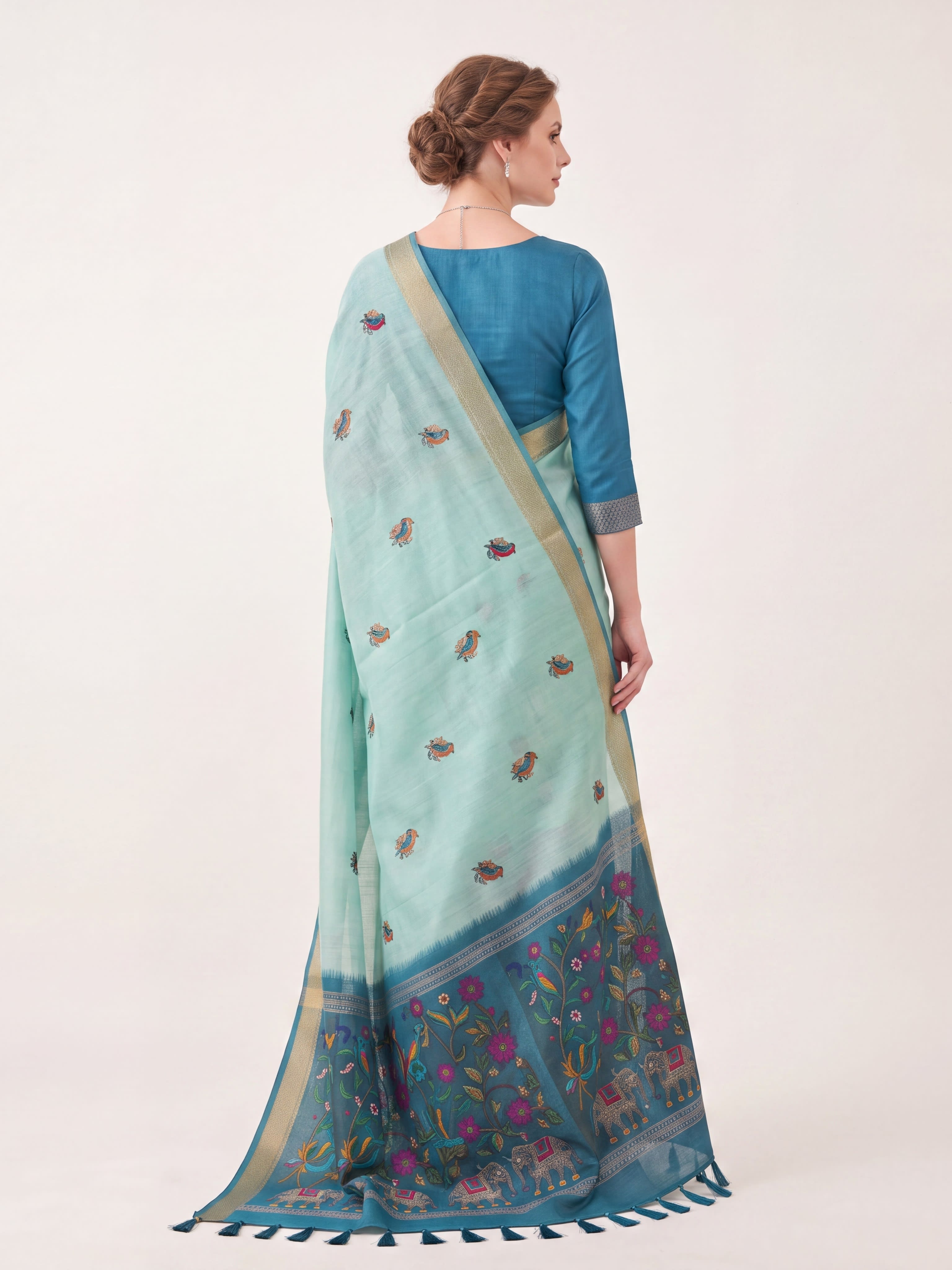 Aqua Blue Floral Garden Jamdani Cotton Saree