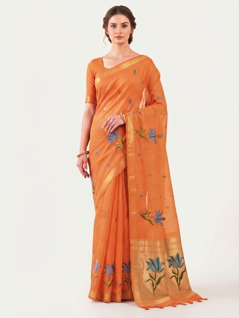 Orange Floral Elegance Jamdani Cotton Saree