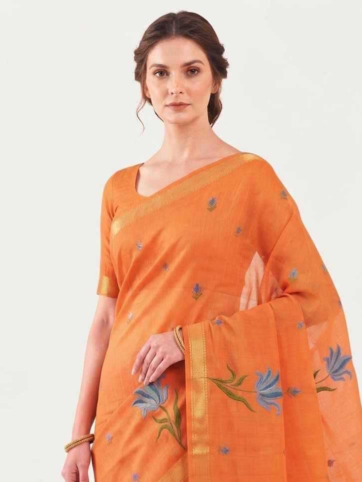 Orange Floral Elegance Jamdani Cotton Saree