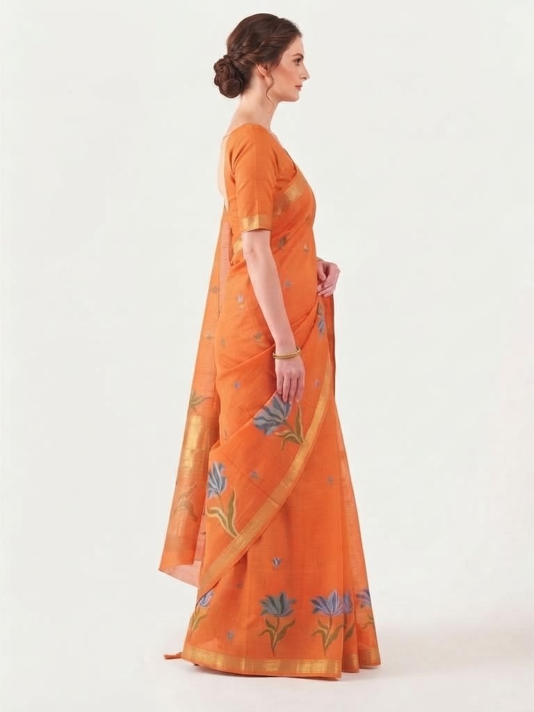 Orange Floral Elegance Jamdani Cotton Saree