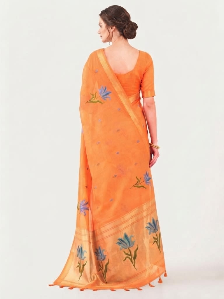 Orange Floral Elegance Jamdani Cotton Saree