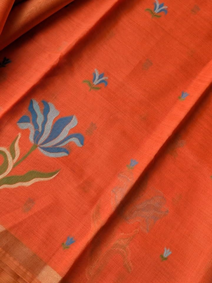 Orange Floral Elegance Jamdani Cotton Saree