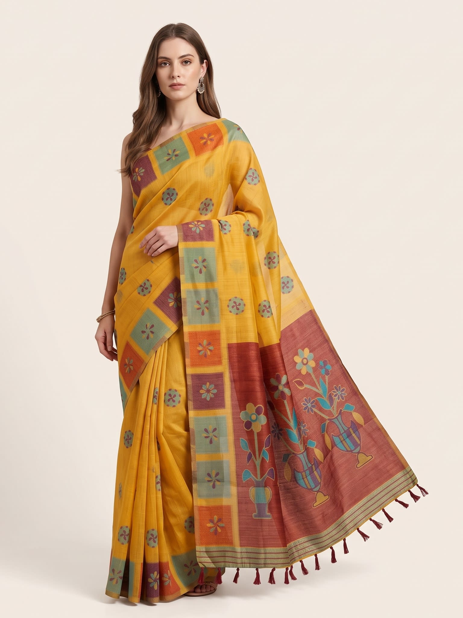 Mustard Yellow Jamdani Cotton Saree with Flower Vase Motif & Geometric Block Border