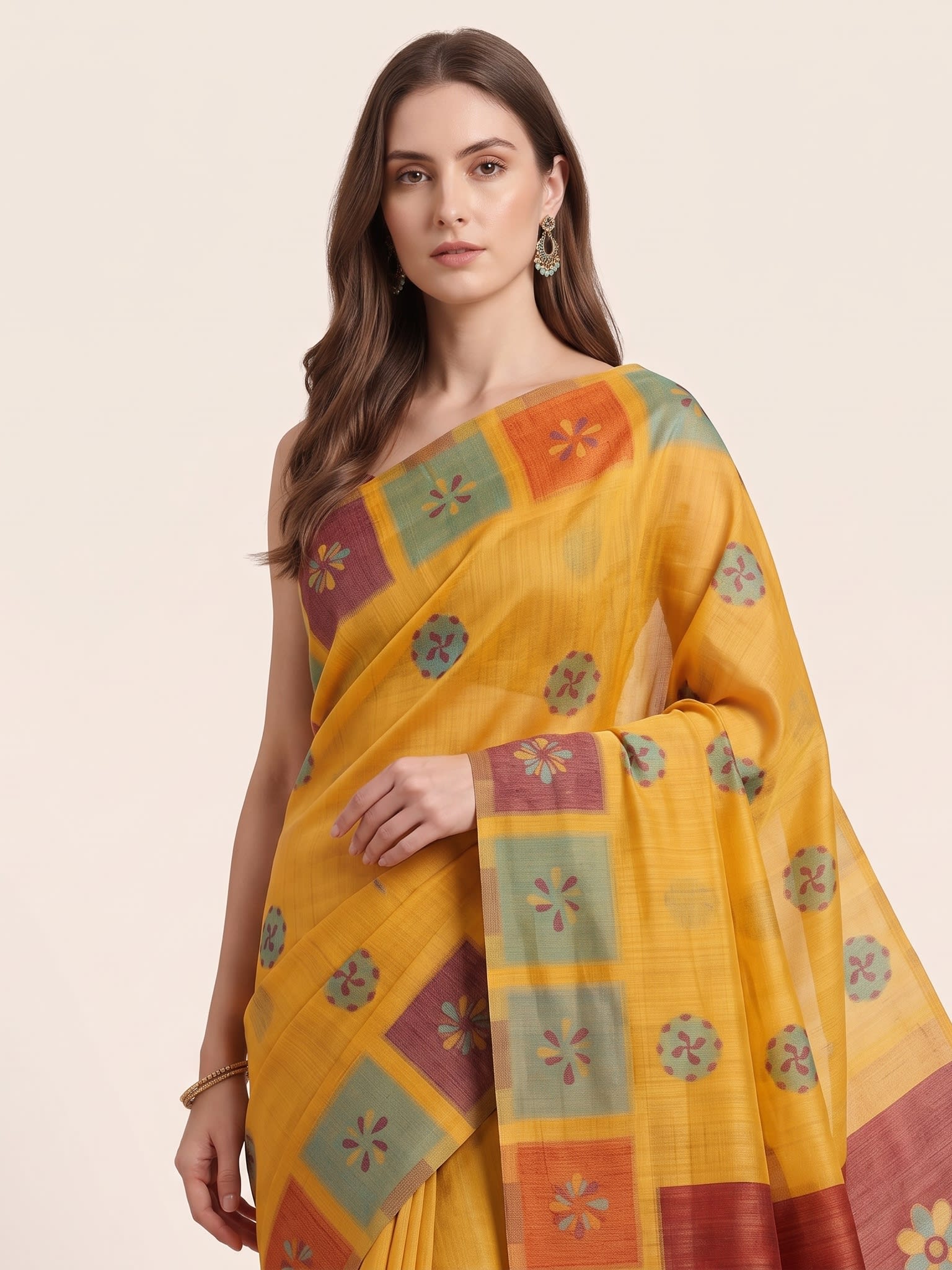 Mustard Yellow Jamdani Cotton Saree with Flower Vase Motif & Geometric Block Border