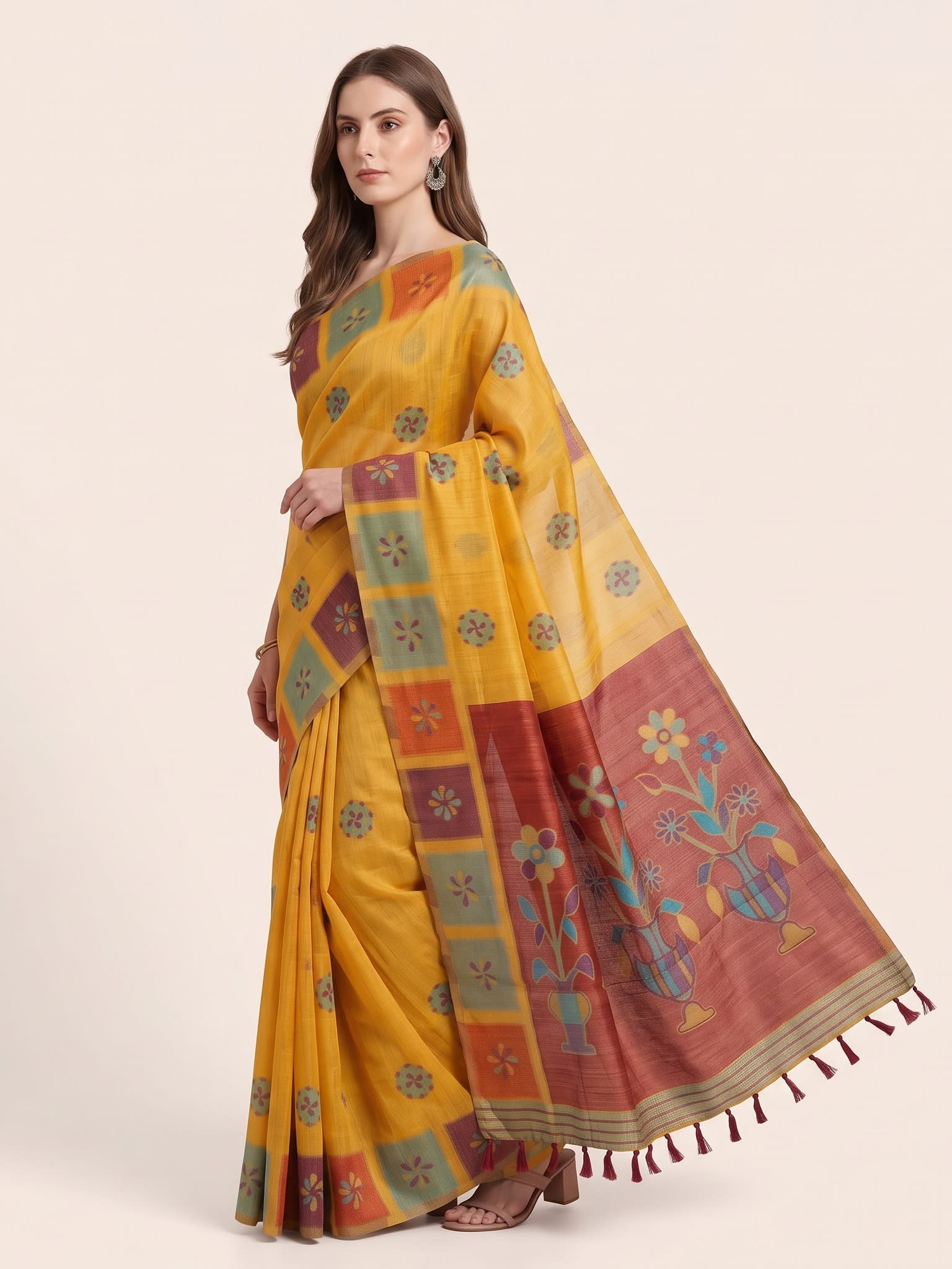 Mustard Yellow Jamdani Cotton Saree with Flower Vase Motif & Geometric Block Border