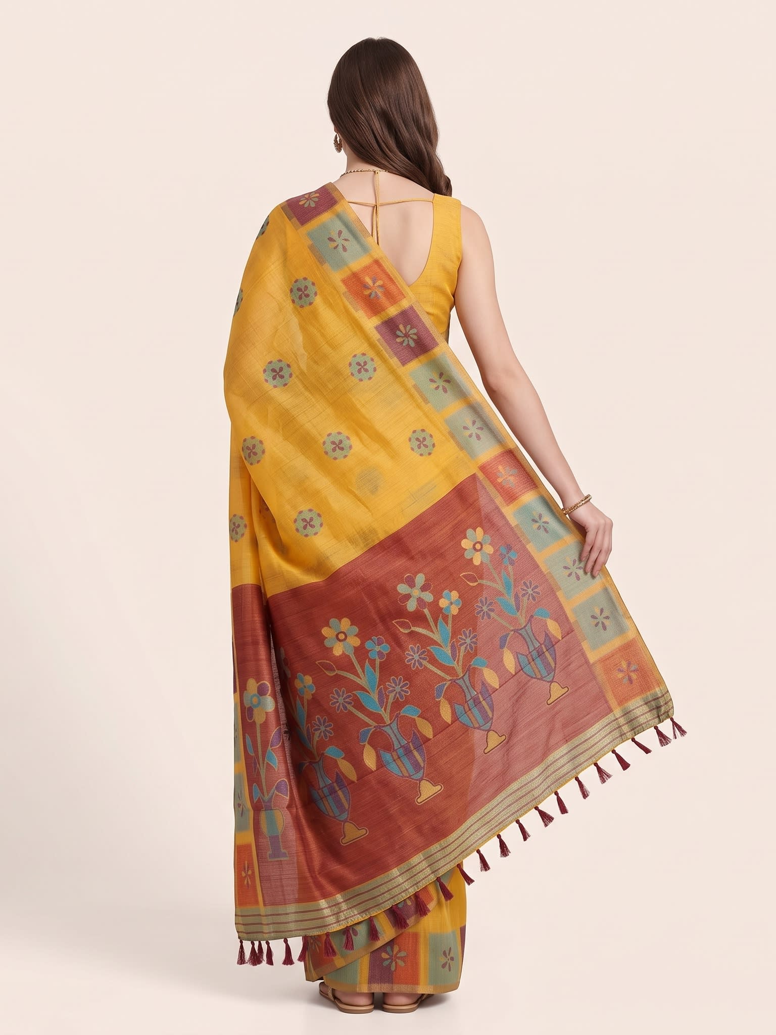 Mustard Yellow Jamdani Cotton Saree with Flower Vase Motif & Geometric Block Border