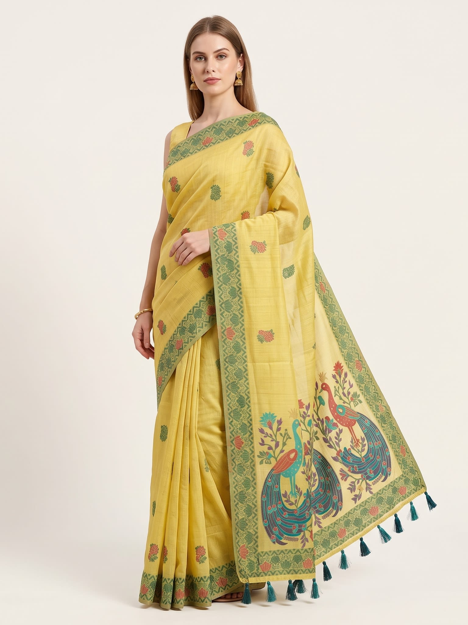 Lemon Yellow Handwoven Jamdani Saree with Peacock Pallu Art