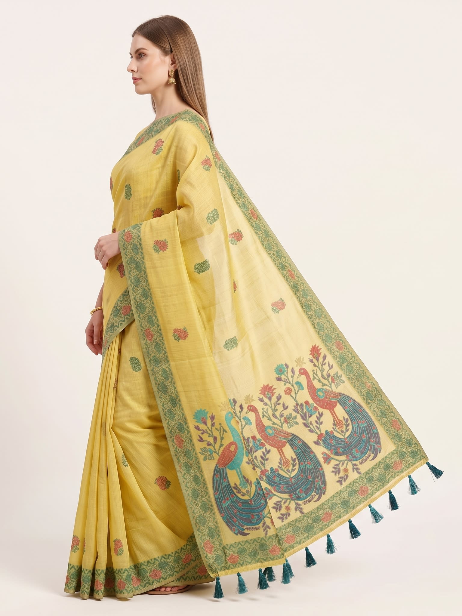 Lemon Yellow Handwoven Jamdani Saree with Peacock Pallu Art