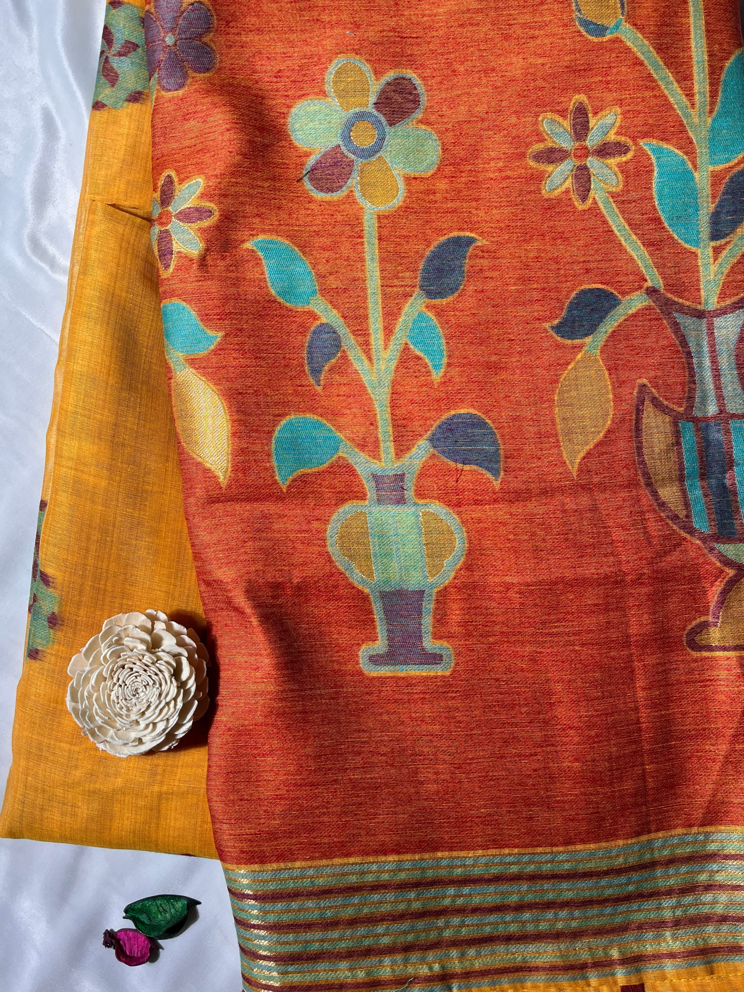 Mustard Yellow Jamdani Cotton Saree with Flower Vase Motif & Geometric Block Border