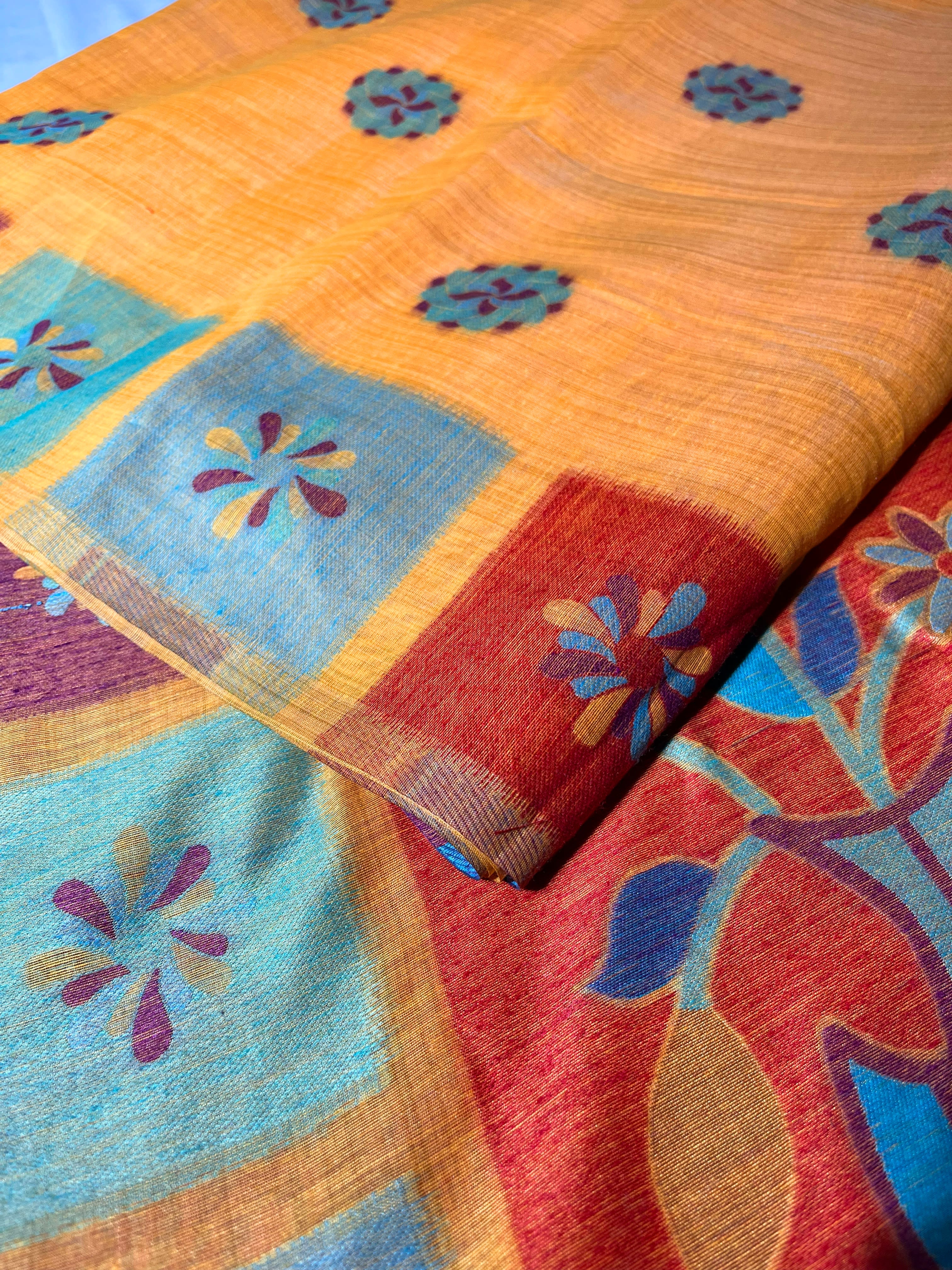 Mustard Yellow Jamdani Cotton Saree with Flower Vase Motif & Geometric Block Border