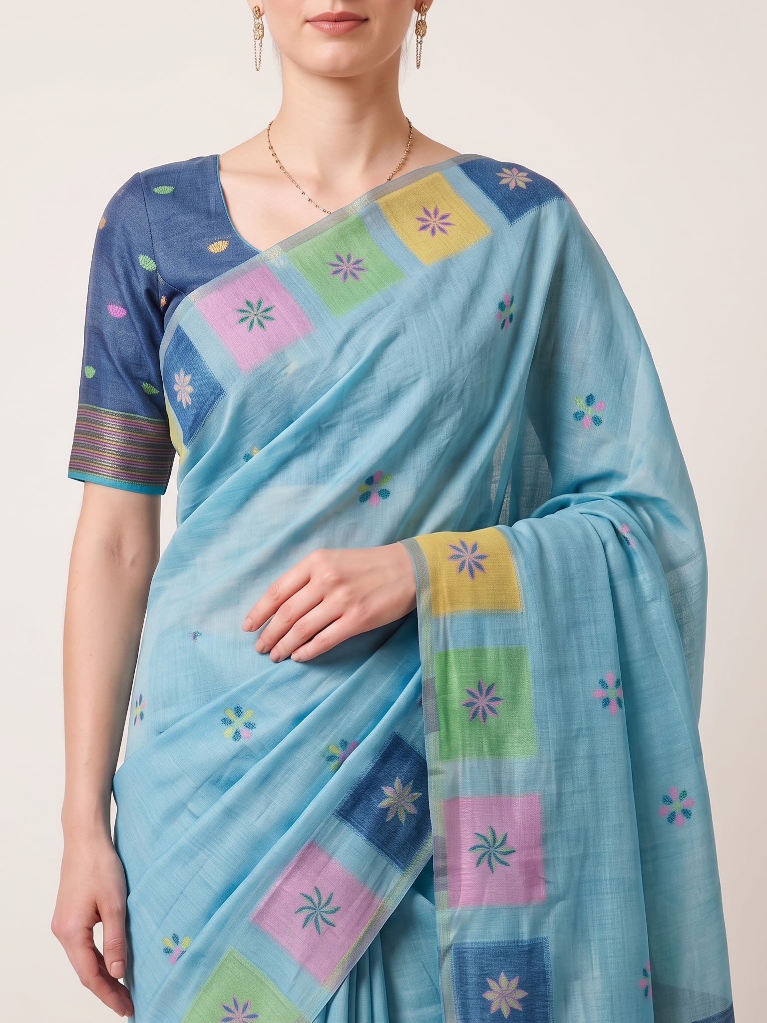 Sky Blue Jamdani Cotton Saree with Flamingo & Lotus Lake Motif