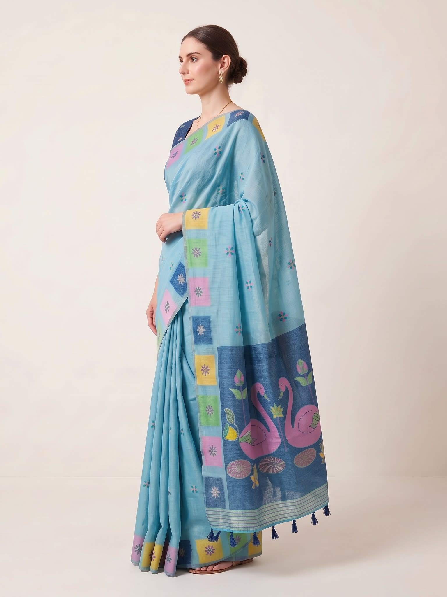 Sky Blue Jamdani Cotton Saree with Flamingo & Lotus Lake Motif