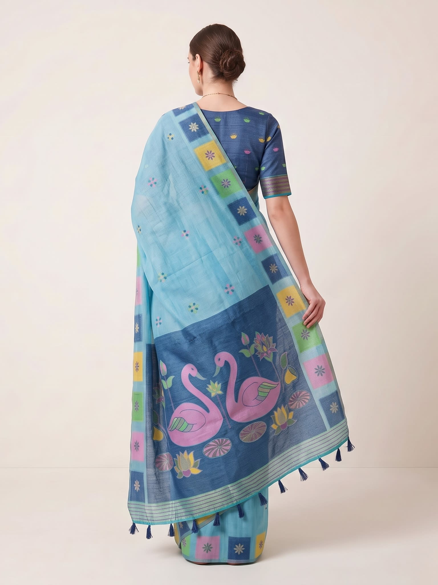 Sky Blue Jamdani Cotton Saree with Flamingo & Lotus Lake Motif
