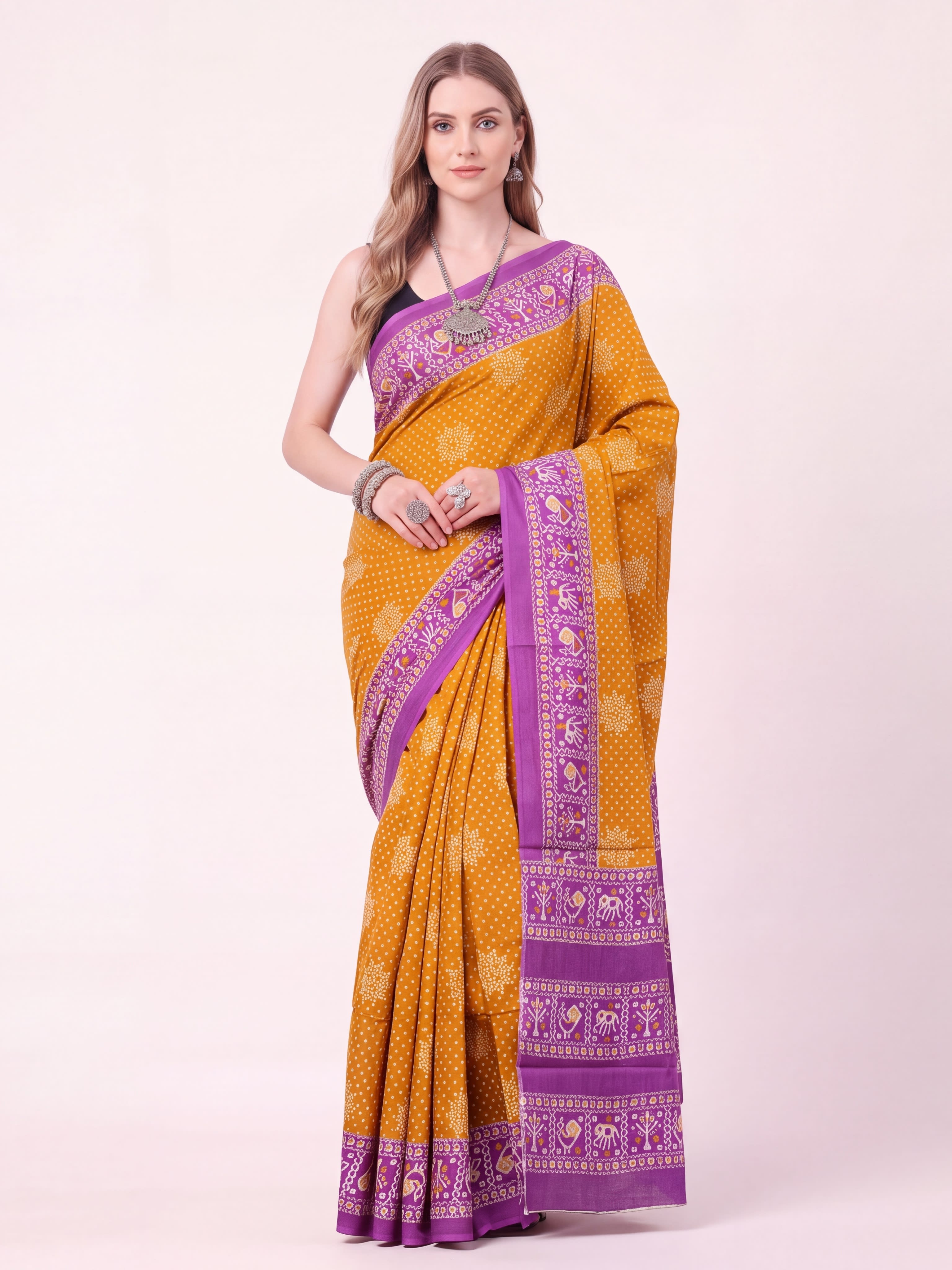 Madhurya Mustard & Purple Printed Saree