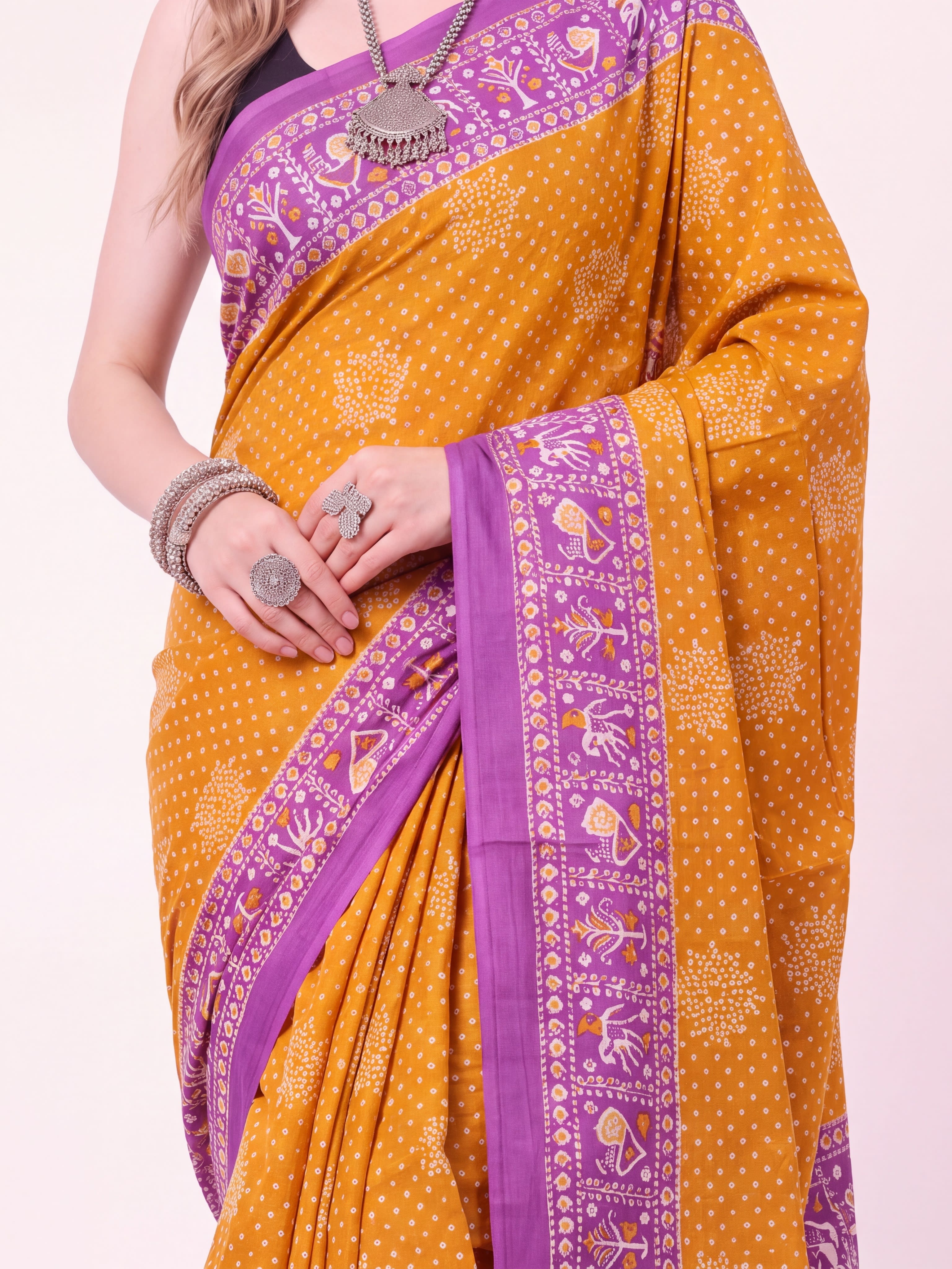 Madhurya Mustard & Purple Printed Saree