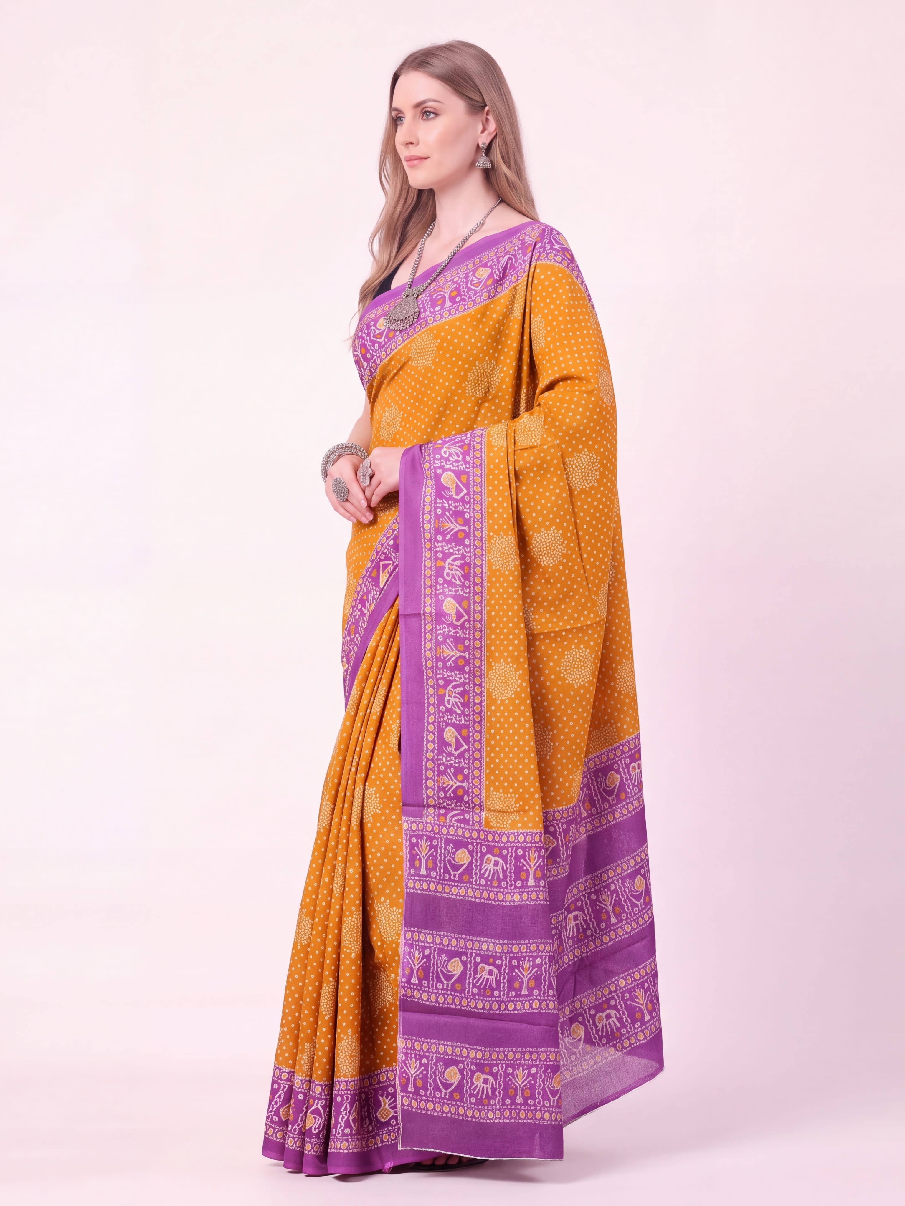 Madhurya Mustard & Purple Printed Saree