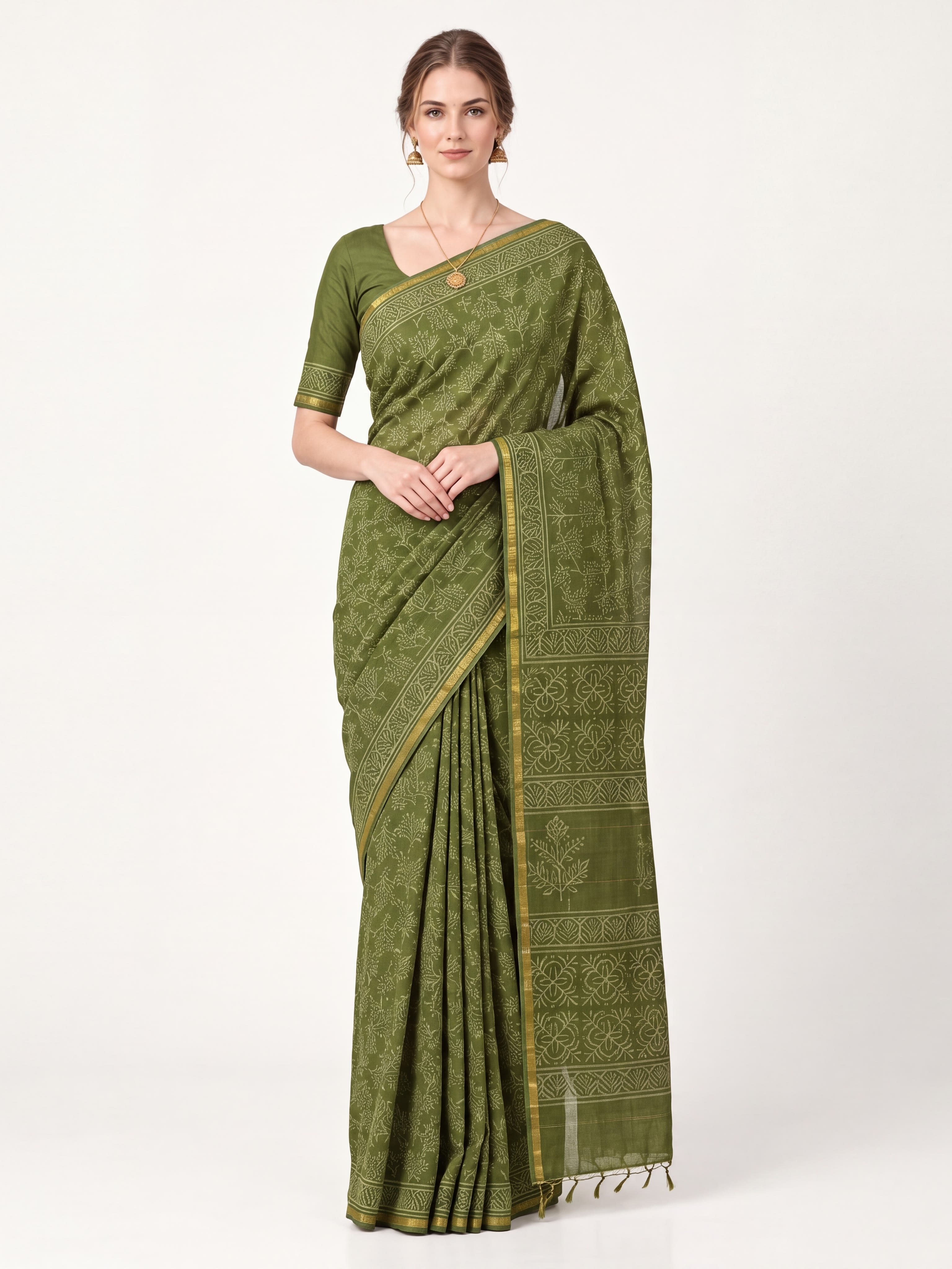 Earthy Hand Block Printed Cotton Silk Saree with Geometric Pallu