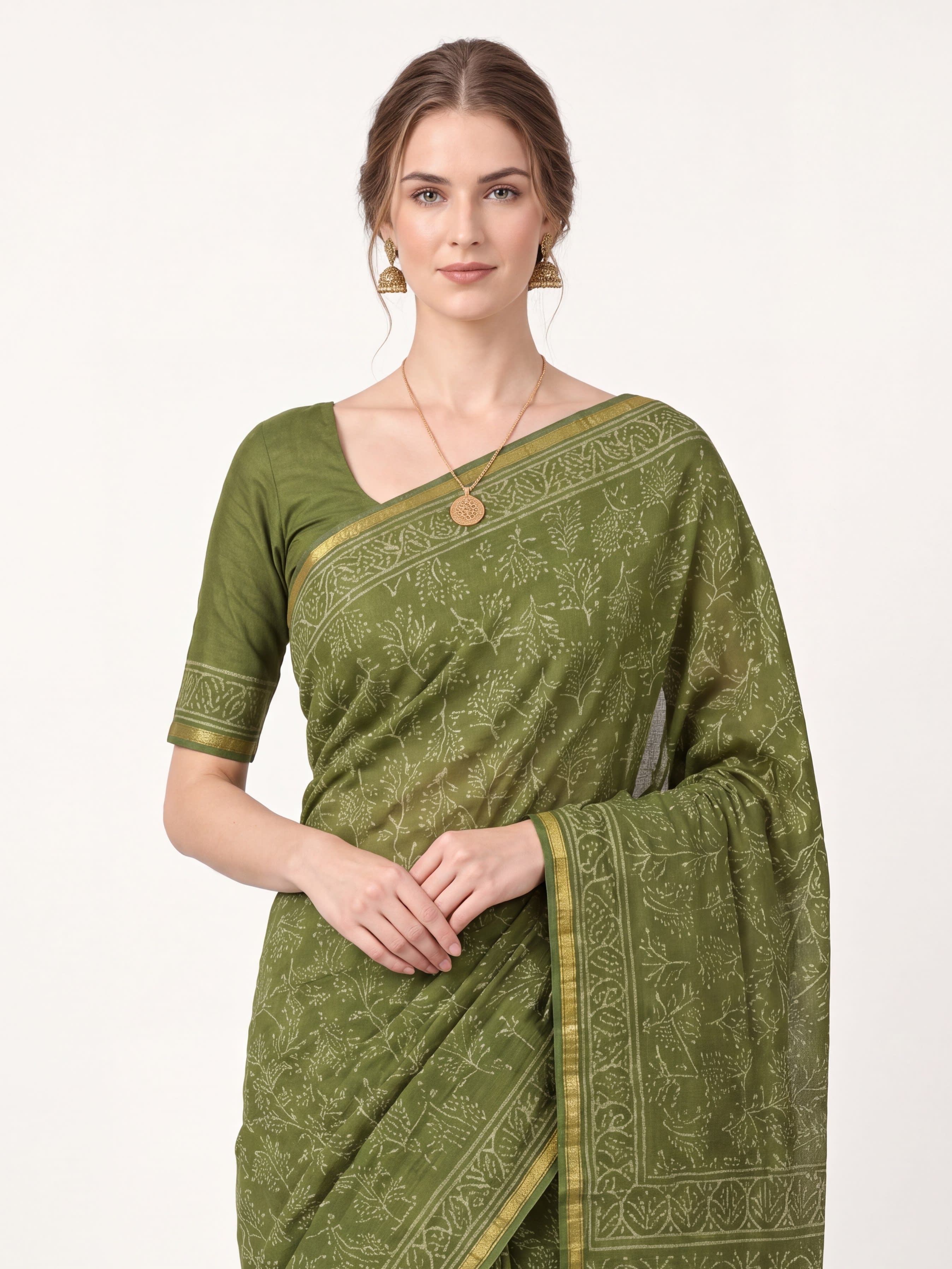 Earthy Hand Block Printed Cotton Silk Saree with Geometric Pallu