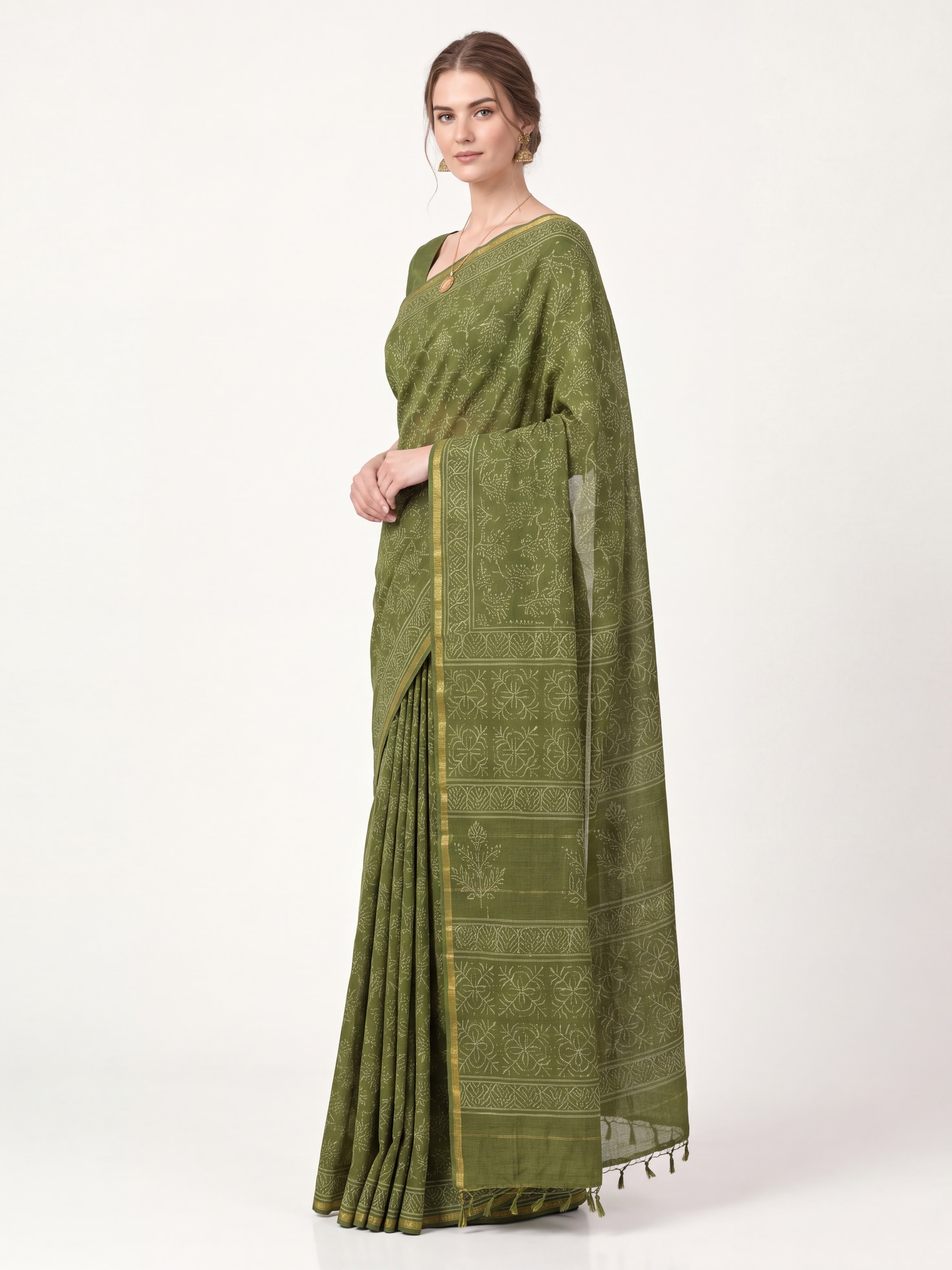 Earthy Hand Block Printed Cotton Silk Saree with Geometric Pallu