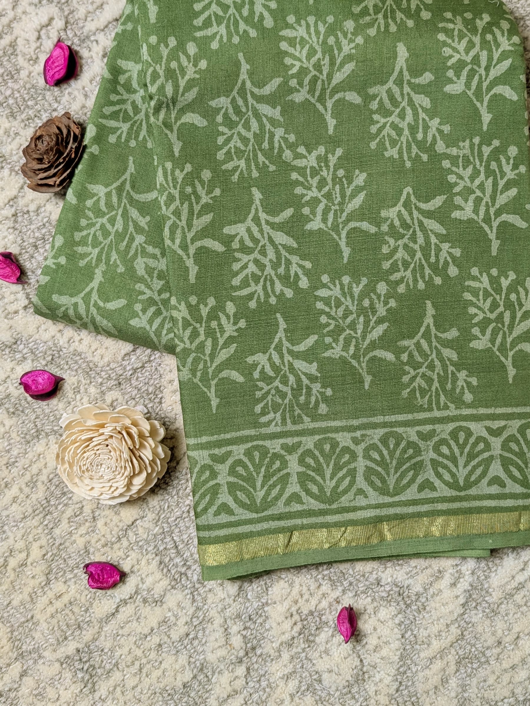 Earthy Hand Block Printed Cotton Silk Saree with Geometric Pallu