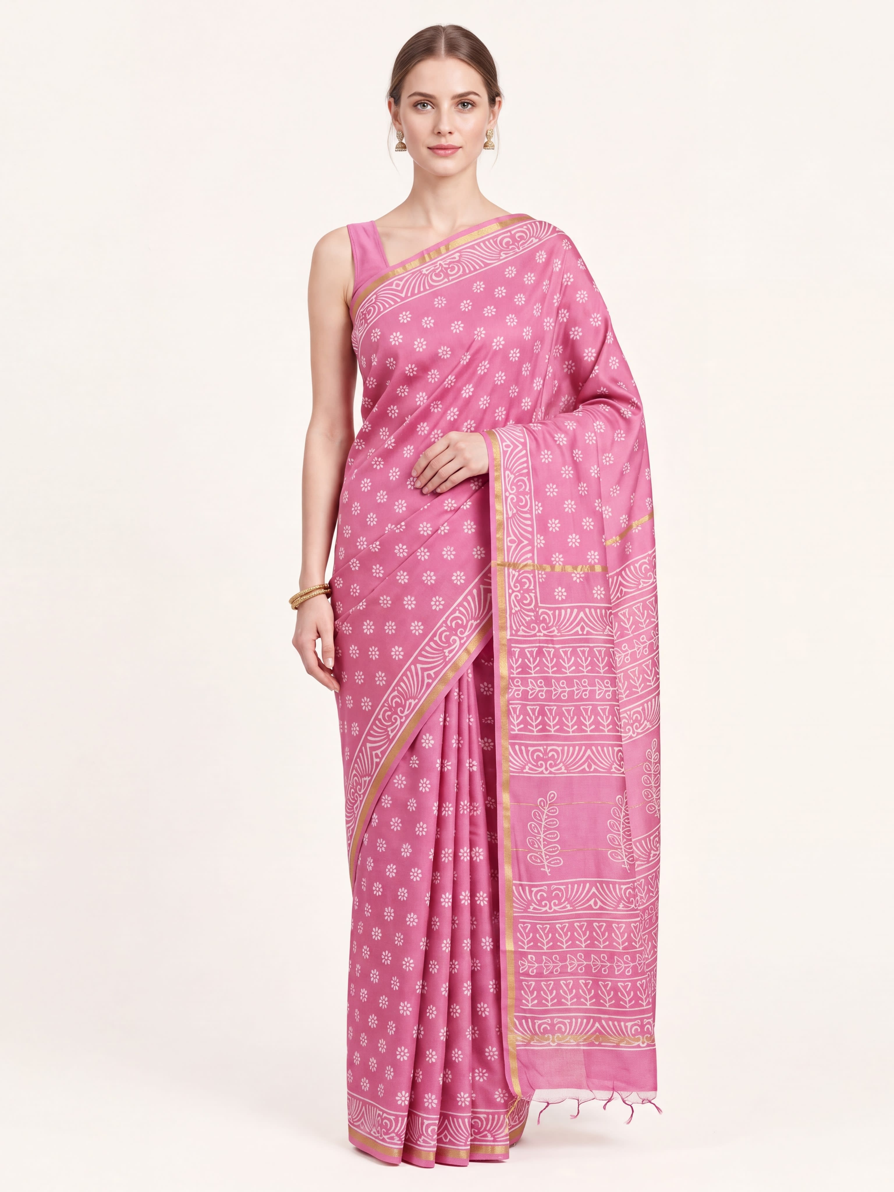 Pink Handblock Printed Cotton Silk Saree with Tribal Paisley Pallu