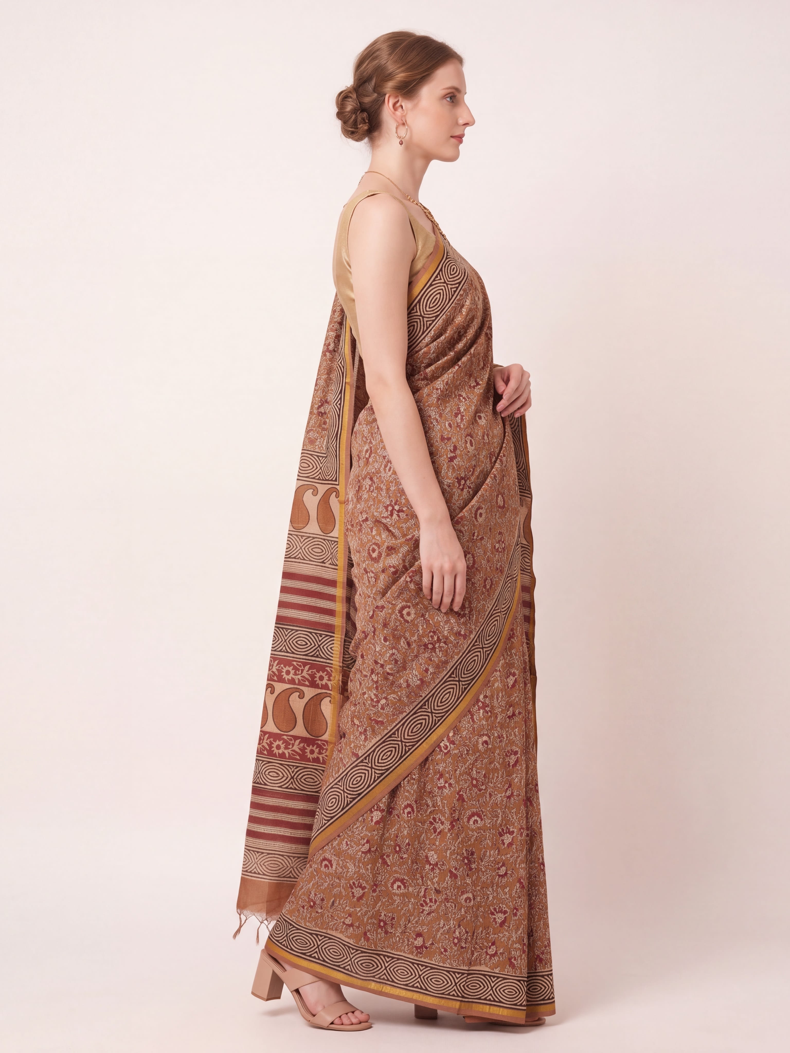 Earthy Brown Pen Kalamkari Saree with Paisley & Geometric Block Pallu