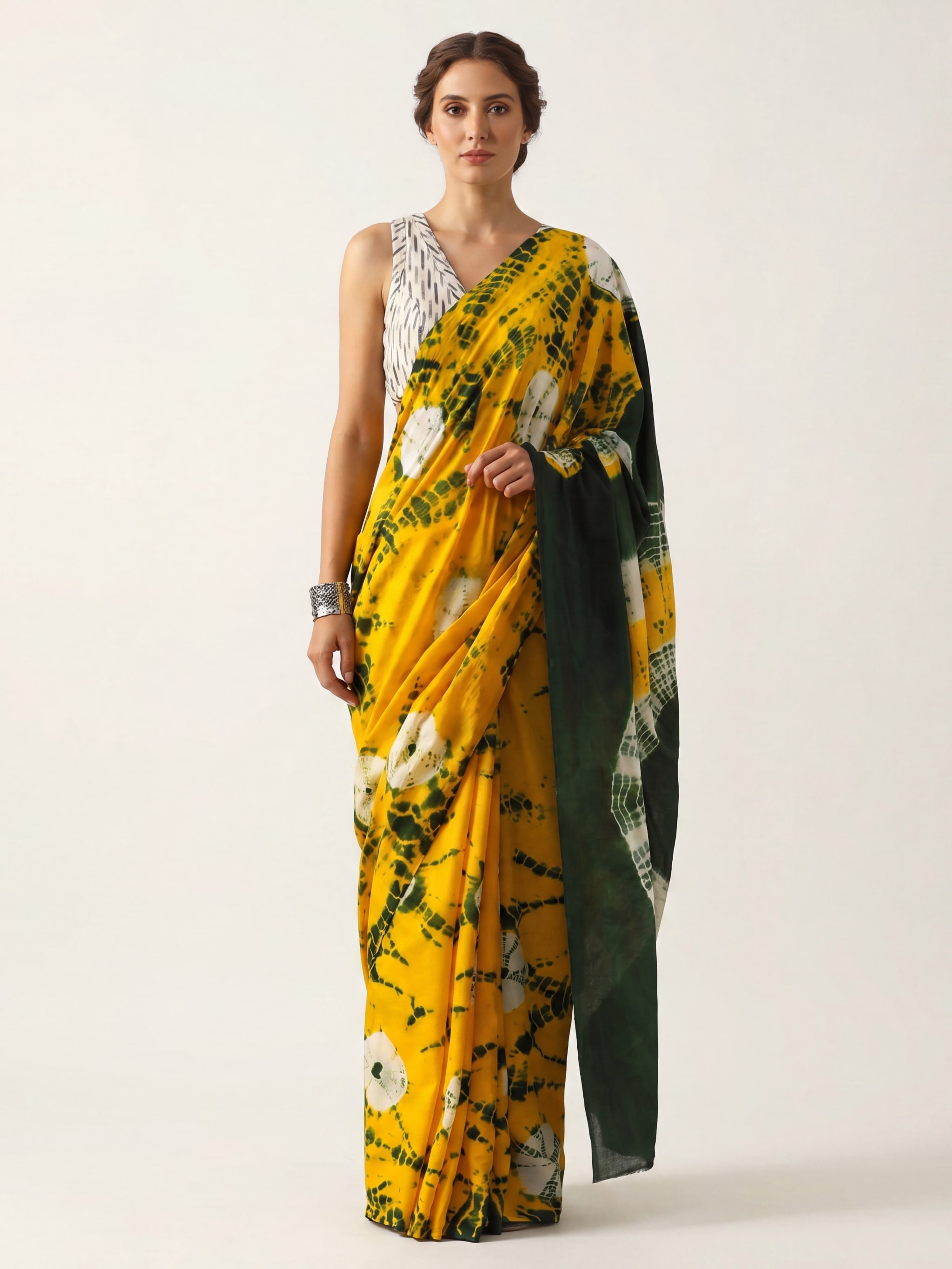 Sunlit Forest Shibori Cotton Saree — shop at The House of Rani