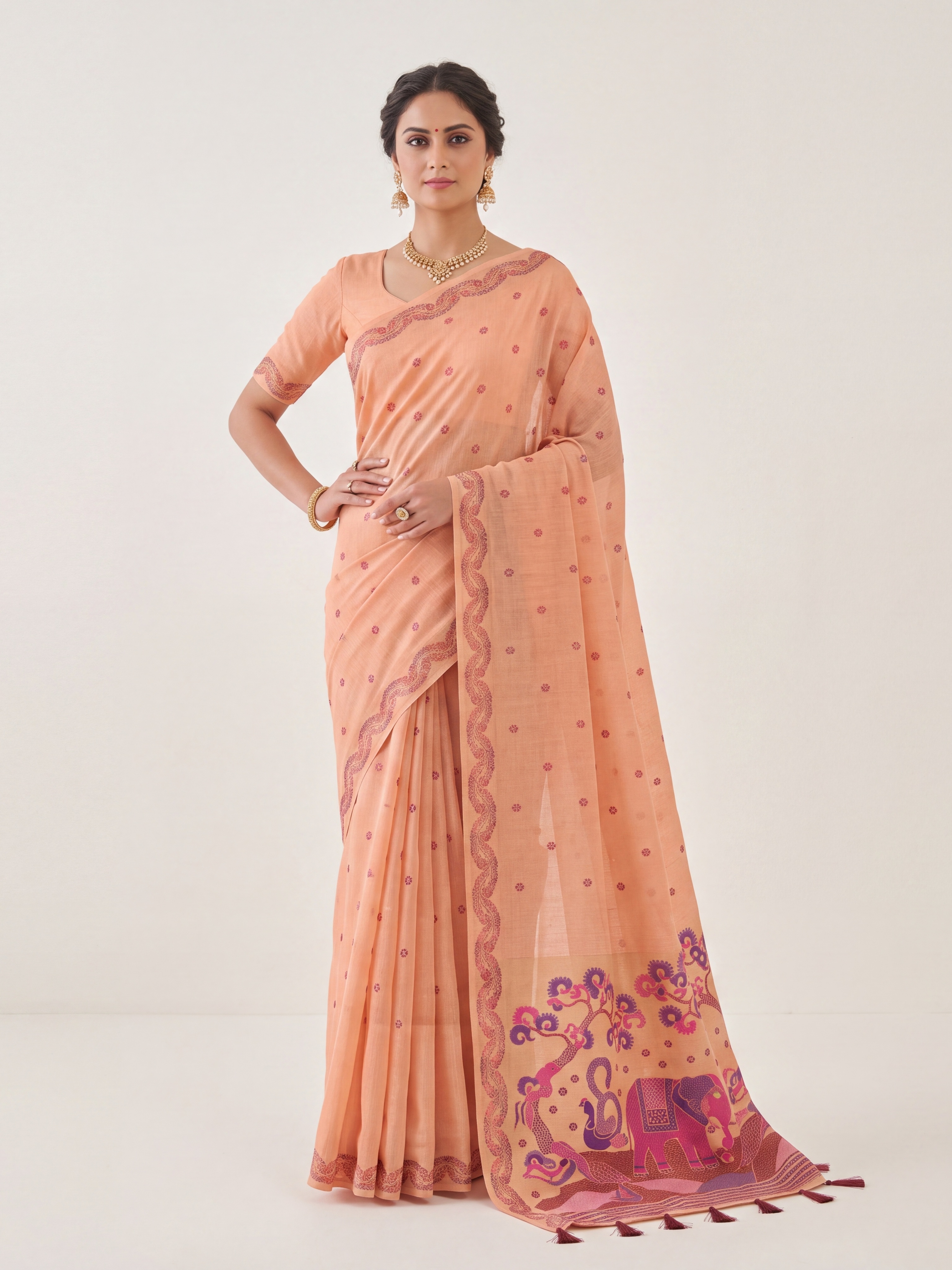 Peach Royale Elephant Pallu Jamdani Cotton Saree
