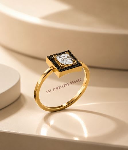 Princess Cut Gold Ring | Square Halo Designer Ring | SAI Jewellery - View 1