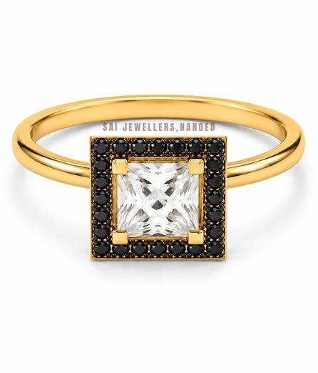 Princess Cut Gold Ring | Square Halo Designer Ring | SAI Jewellery view 2