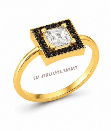 Princess Cut Gold Ring | Square Halo Designer Ring | SAI Jewellery view 3