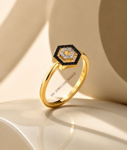 Hexagon Black & White Gold Ring - View 1